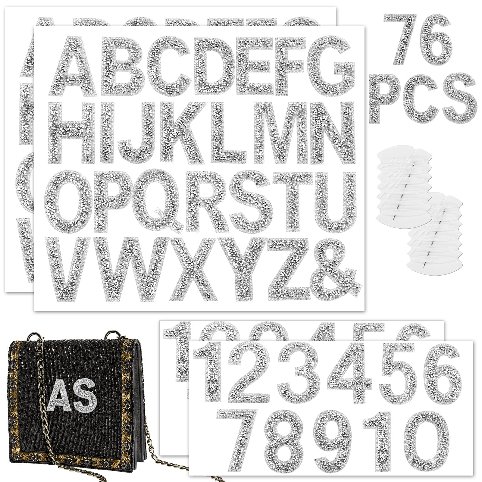 76 PCS Rhinestone Letter Stickers, 2.4 Inch Silver Glitter Alphabet Sticker with Sewing Kits, Self Adhesive A-Z & 0-9 Letter Number Stickers for DIY