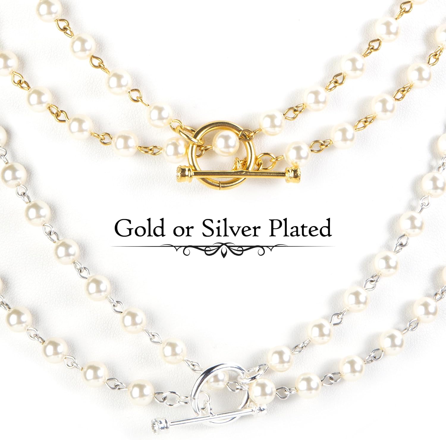 Virgins Saints & Angels Delfina 6mm Pearl Necklace with Crystal Toggle for Women, Luxury Fashion Statement Jewelry