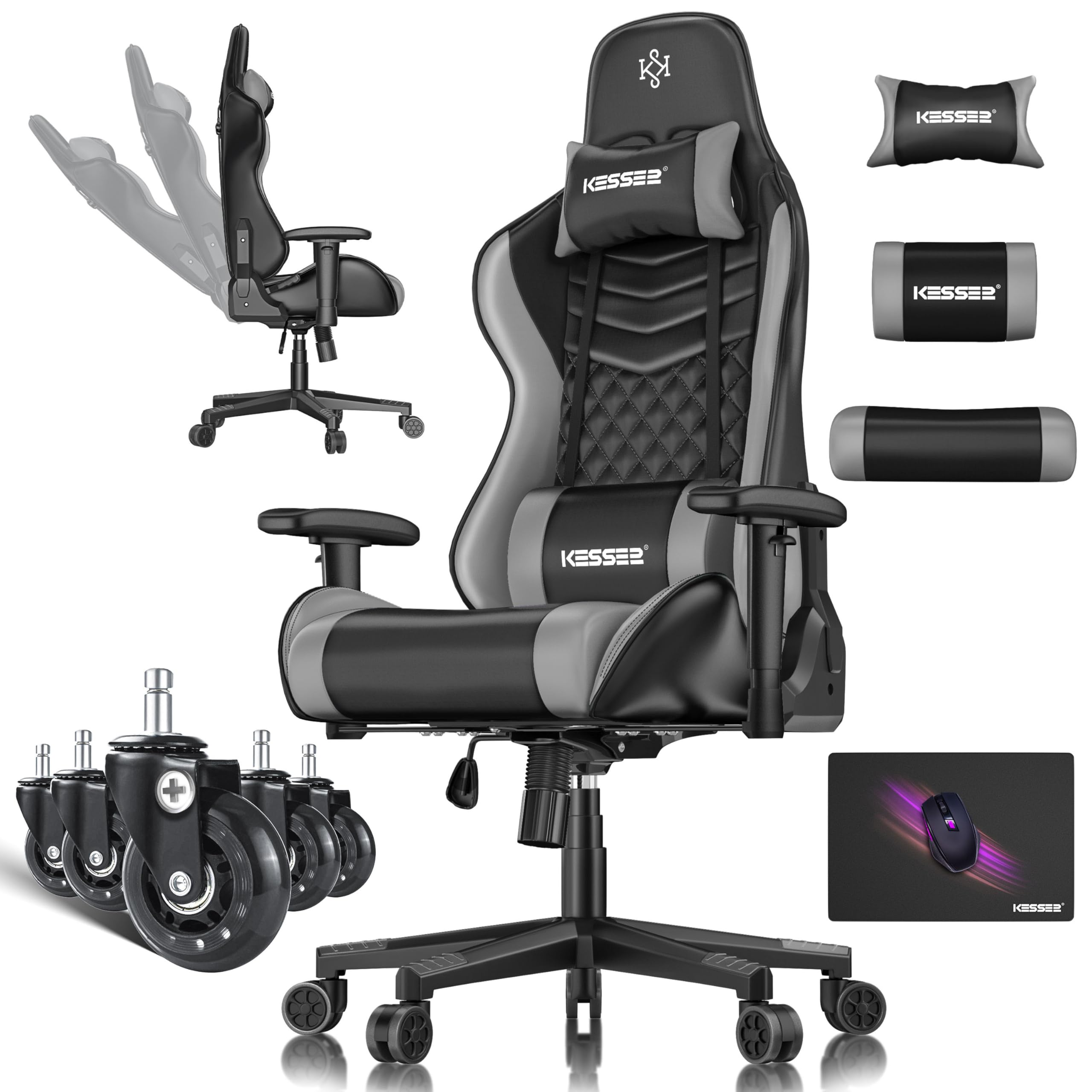 KESSER Silla de gaming ergonómica con reposacabezas y cojín lumbar, soporta hasta 150 kg, reposabrazos 360°, giratoria, con ruedas de goma