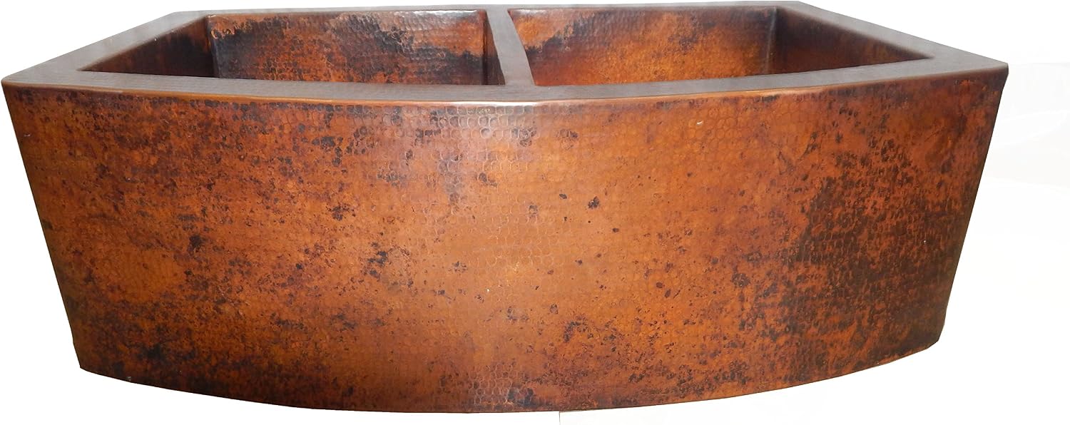 Rounded Apron Front Farmhouse Kitchen Double Bowl Mexican Copper Sink 50/50