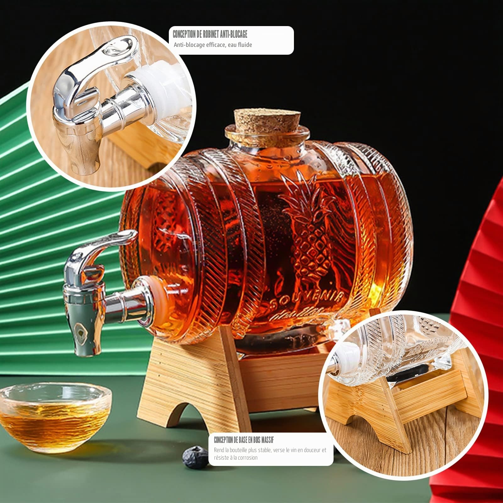 Carafe à Whisky avec Support en Bois 1000ML,Whisky Tonneau en Verre Premium avec Robinet,Distributeur de Tonneaux pour Scotch,Vodka,Rhum et Boisson d'alcool,Cadeau pour Petit Ami Mari Père