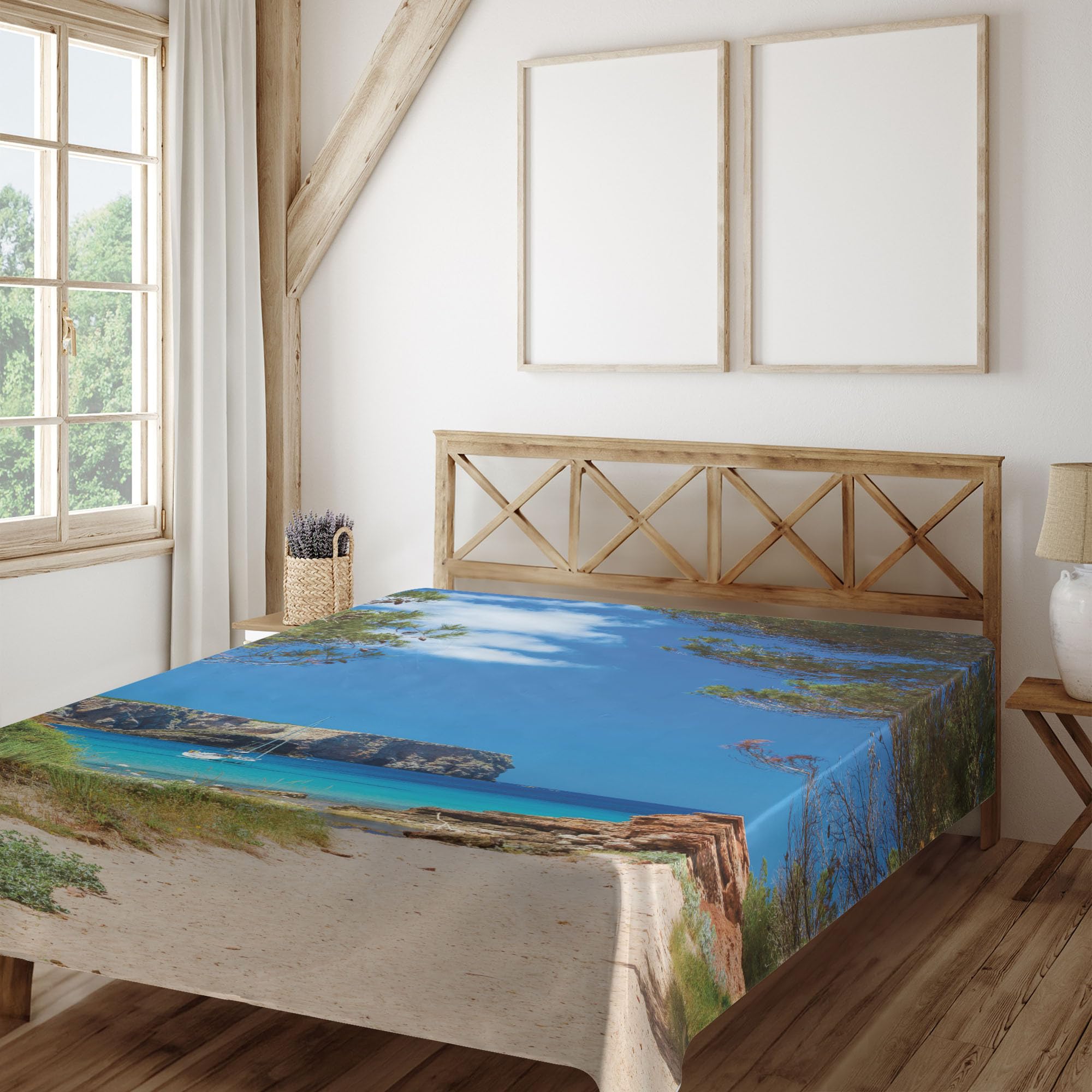 Ambesonne Beach Flat Sheet, View on Cala Algaiarens from Sand Pathway Cliff in Water Menorca Island Europe Theme, Soft Comfortable Top Sheet Decorative Bedding 1 Piece, California King, Multicolor