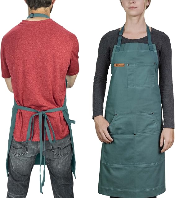 Chef Pomodoro Chef Apron for Men and Women with Pockets - Top Chef Recommended - Kitchen Apron with Adjustable Neck Straps - 100% Cotton - Cooking Apron Designed for Home, BBQ, Grill Use (Spruce)