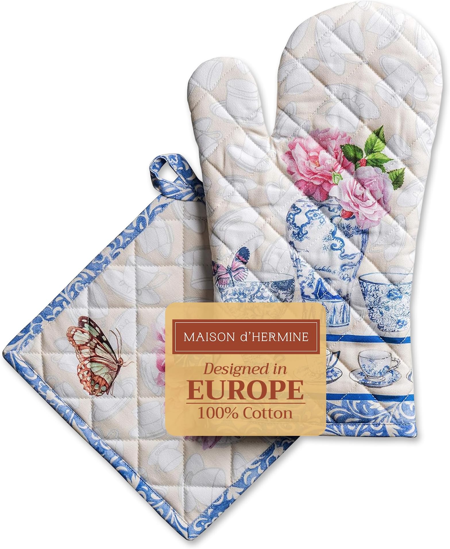 Maison d'Hermine 100% Cotton Oven Mitt & Pot Holder Set (7.5"x13" & 8"x8") Heat-Resistant Kitchen Cooking, Baking & BBQ- Soft, Easy to Use - Gifts for Mothers Day Spring/Summer (Canton)