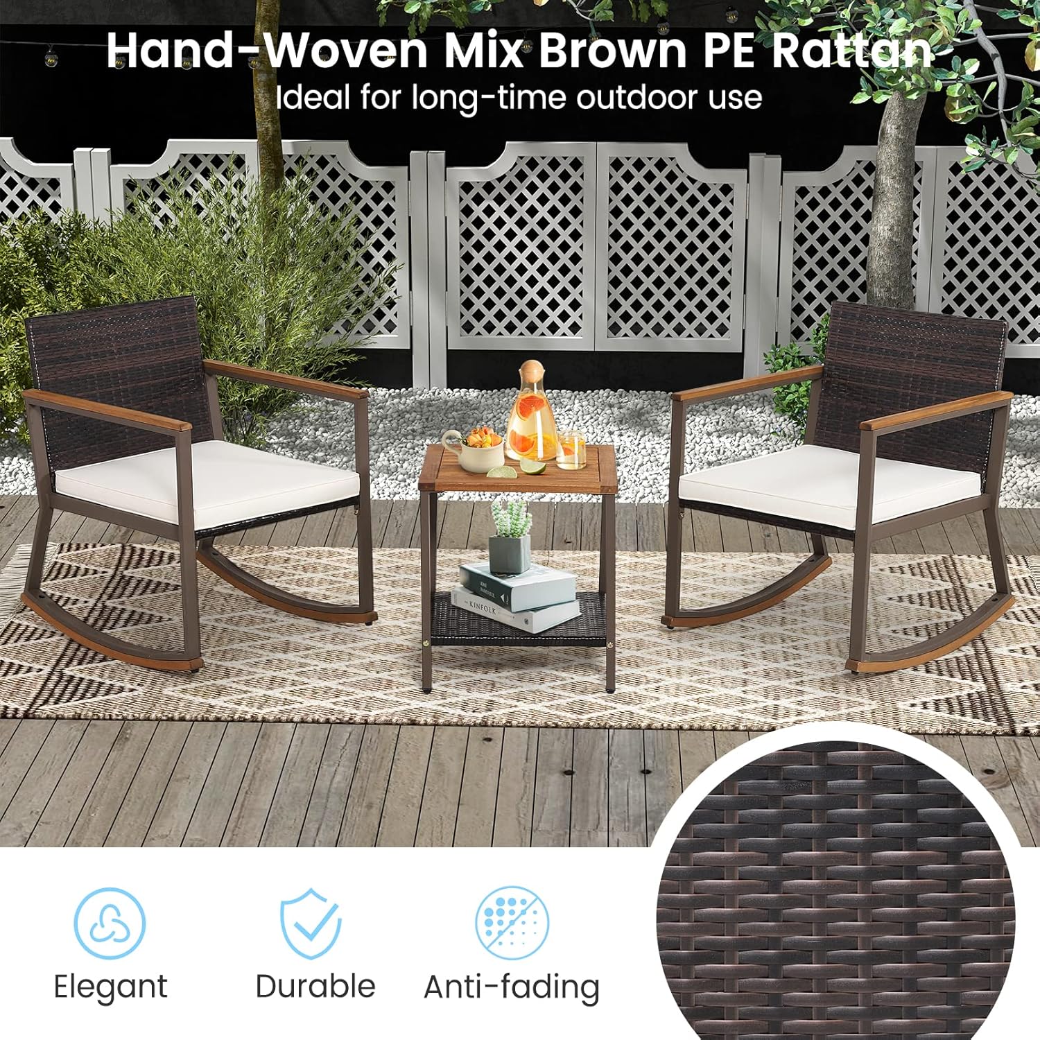 HAPPYGRILL 3 Piece Rocking Bistro Set, Outdoor PE Wicker Rocking Chair with Coffee Table, Soft Seat Cushions Included, Gentle & Smooth Rocking Furniture Set for Yard Porch