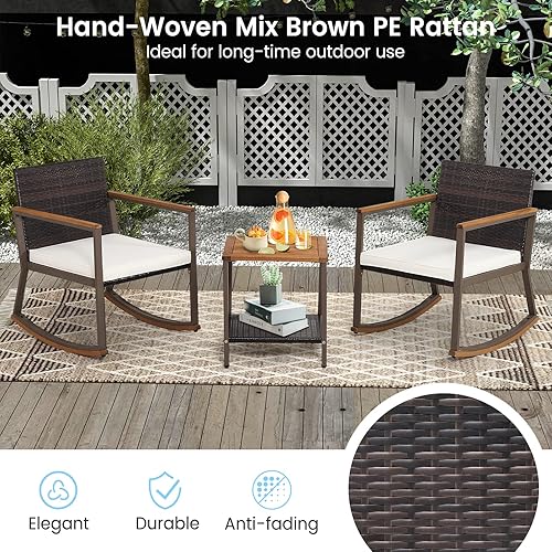 Miniatura 2 de HAPPYGRILL Juego de 3 piezas mecedoras de mimbre de polietileno para exteriores con mesa auxiliar, cojines de asiento suaves incluidos, juego de