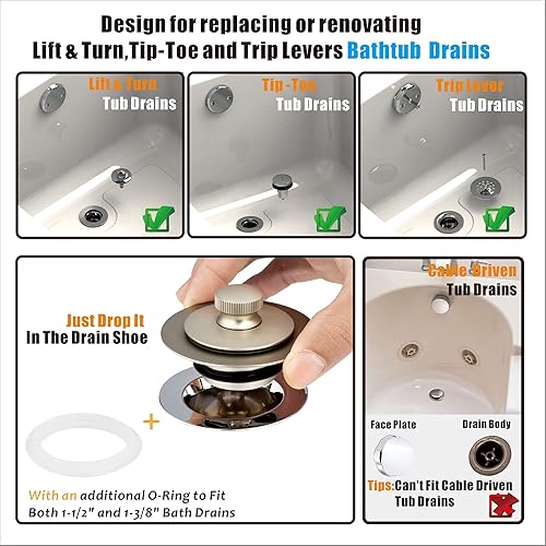 Vista 9 de Artiwell Tapón universal de drenaje de baño y tapa de elevación y giro, tapón de drenaje de bañera, reemplaza la elevación y giro, desagües