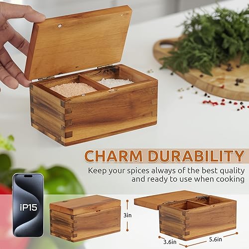 Miniatura 2 de Demigo Bodega de sal de madera de acacia con tapa abatible magnética, caja de sal de gran capacidad de 20 onzas para cocina, mantiene las especias,