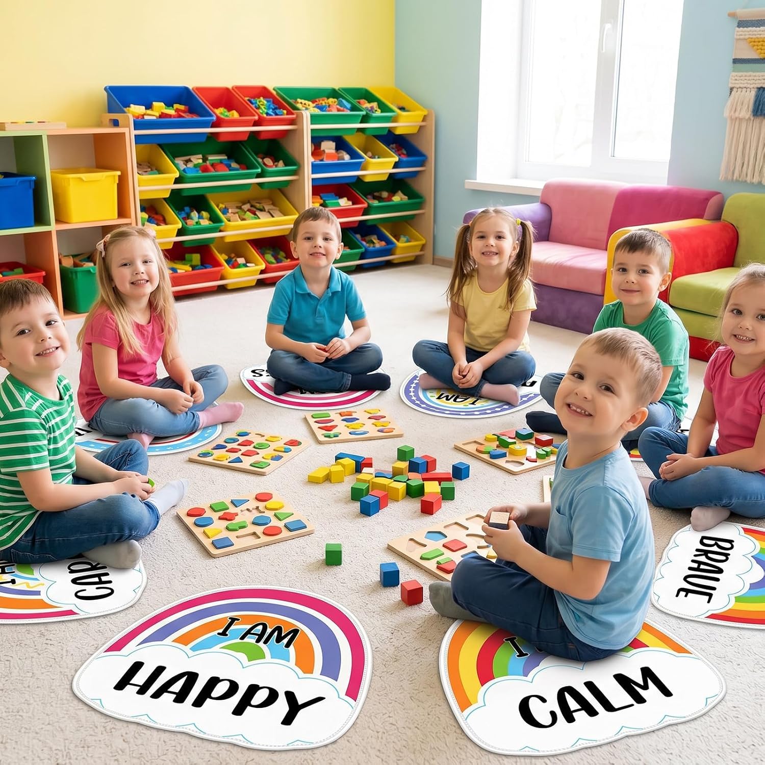 12 Pcs Back to School Carpet Seats for Classroom 16 Inch Rainbow Positive Affirmations Rugs Growth Mindset Floor Mat Educational Non Slip Cushions for Learning Playing Activity Areas Living Room