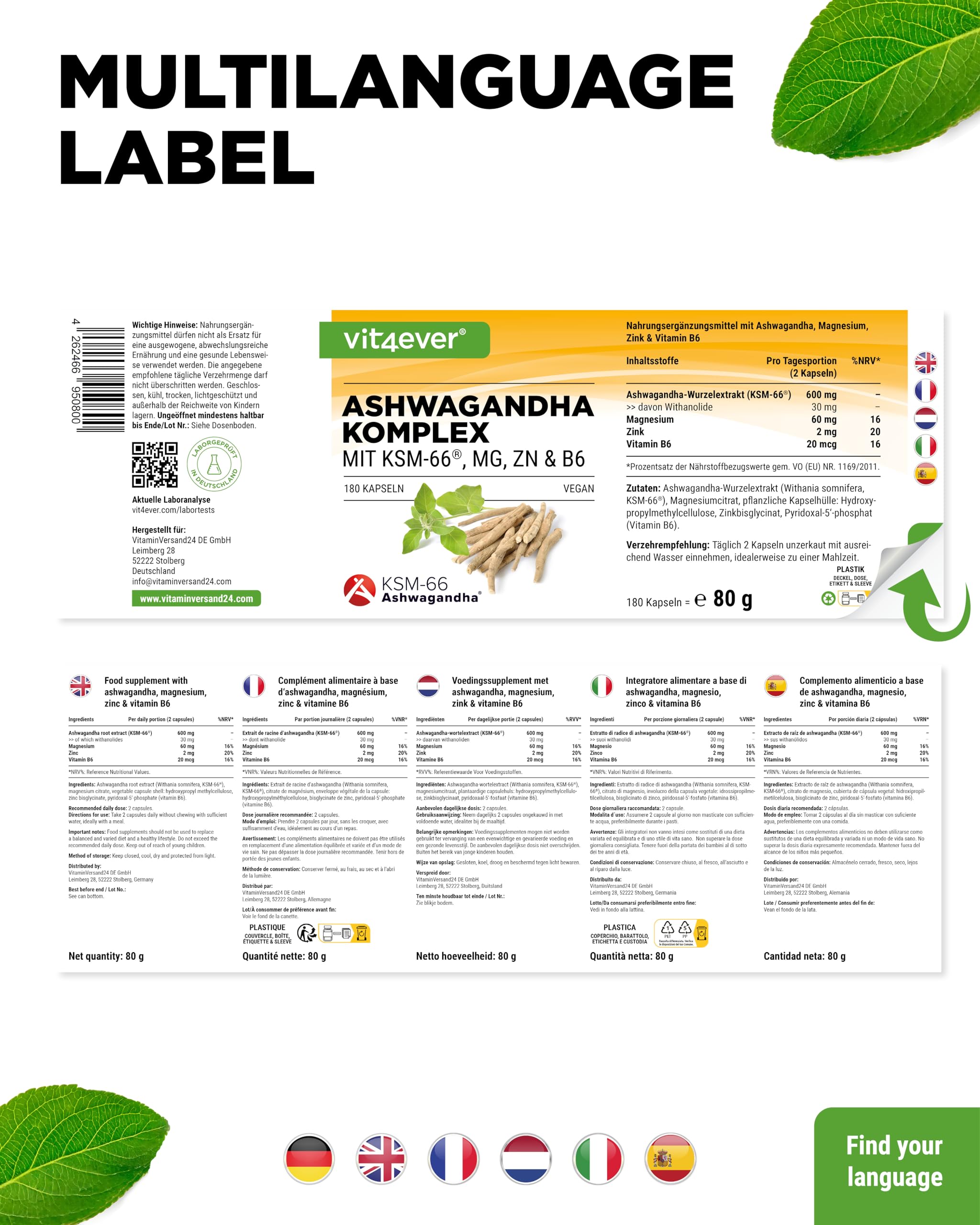 vit4ever Ashwagandha KSM-66® Komplex - 180 Kapseln - 600 mg | Mit Magnesium, Zink & Vitamin B6, ohne Zusätze, hochdosiert, vegan