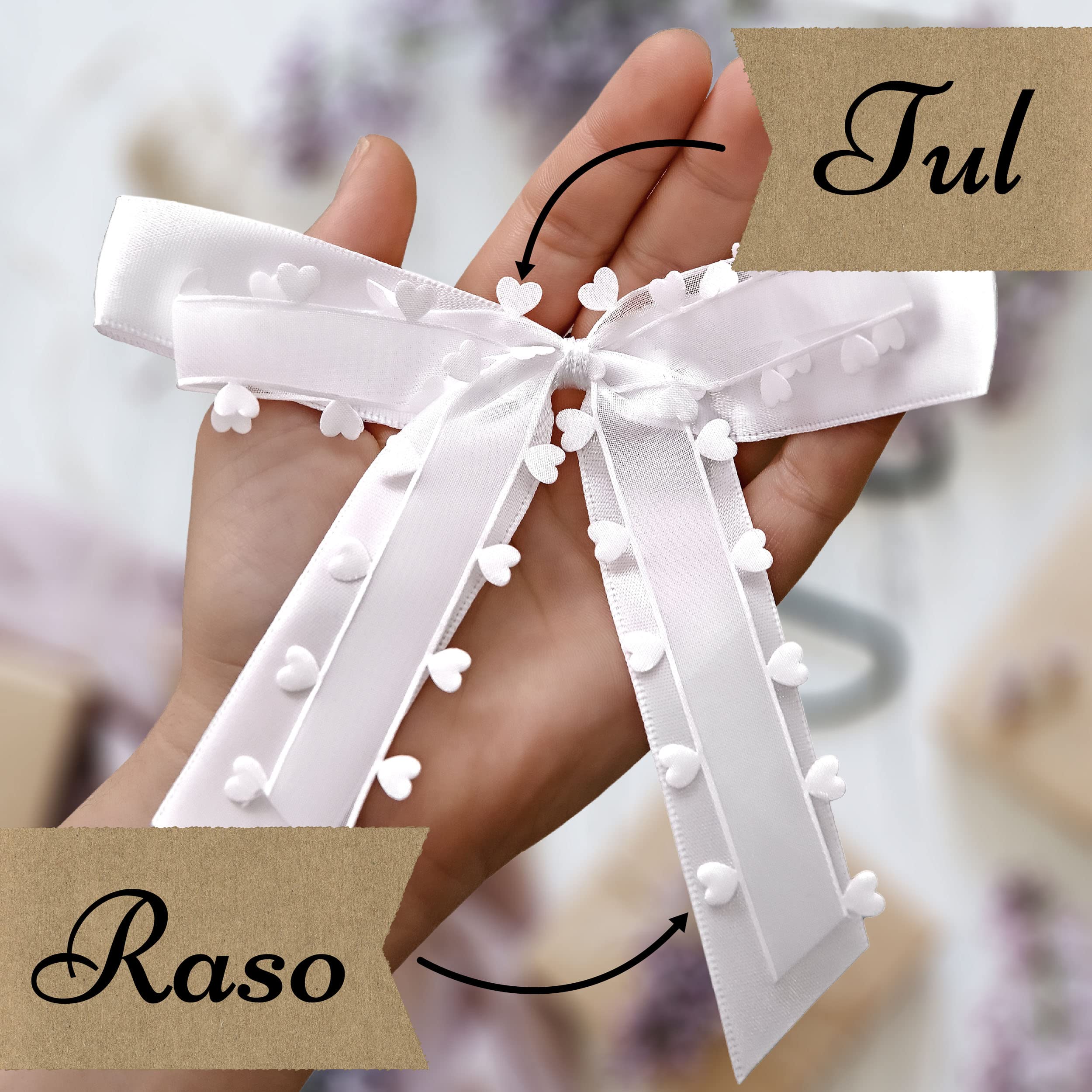 Lazos de Boda Coche con Corazones Blanco - Hecho a Mano - Cinta de Satén - Fácil de Atar - Decoración de Boda