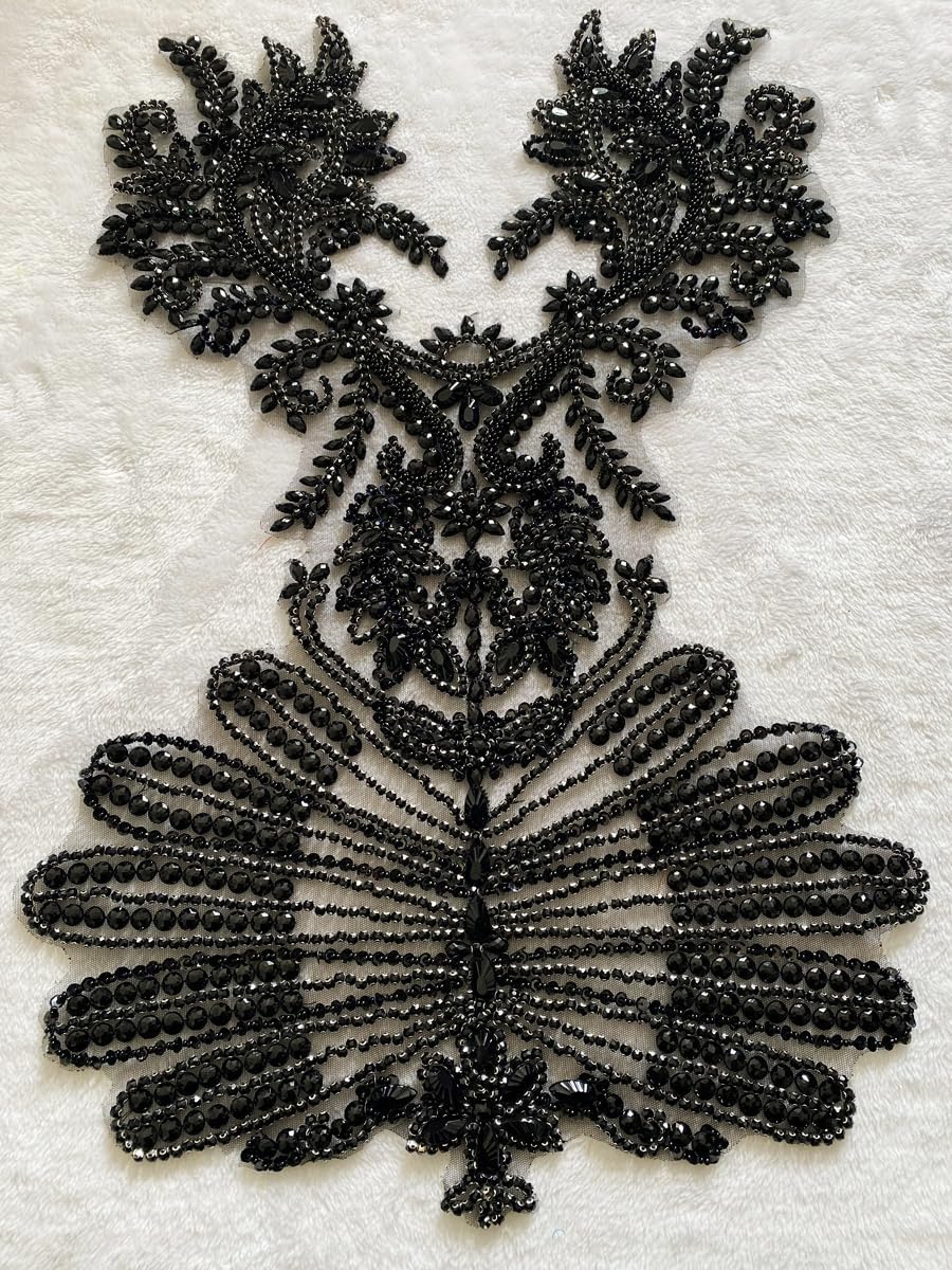 Pure Handmade Beads Rhinestones lace Applique Bodice Patches Trimming sew on Sequins Stones Beads Shining Heavy Decoration for Wedding Dress DIY Accessories 14.5X24.8inches (Black)