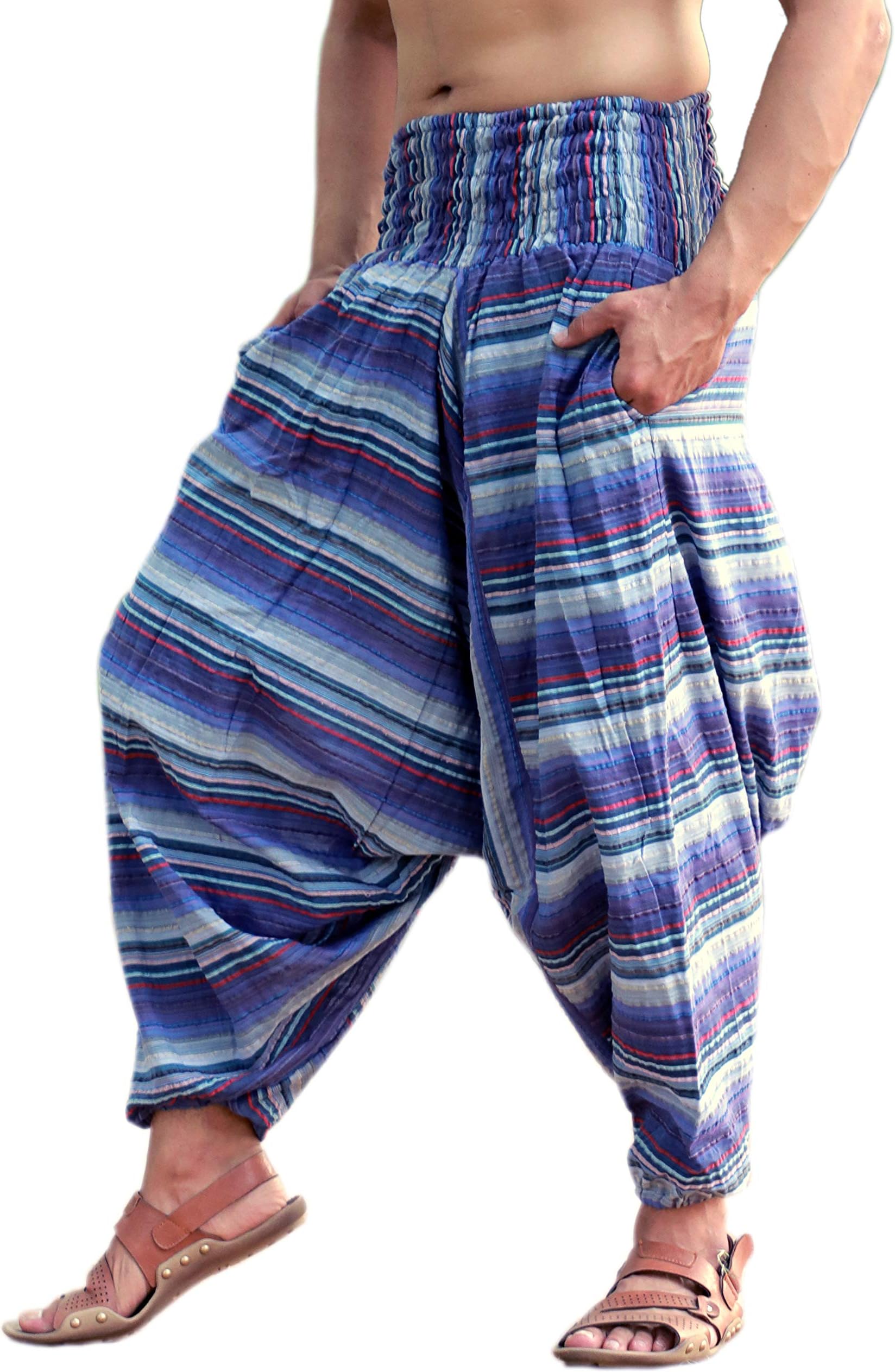 SARJANA HANDICRAFTSMens Womens Cotton Striped Harem Pants Yoga Drop Crotch Trouser (Purple)
