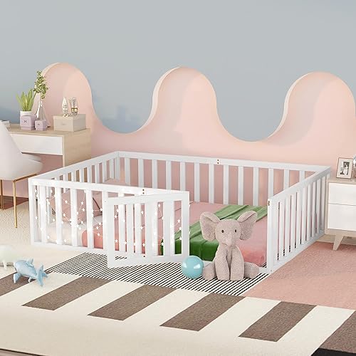 Cama de suelo para niños de tamaño matrimonial con valla, cama de madera con puerta, barandillas en forma de valla, cama de valla para niños, fácil