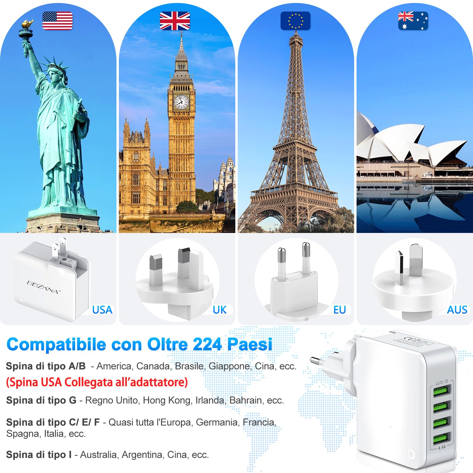Casloyal Adattatore da viaggio universale con 4 porte USB (5.6A) e tipo C (3.0A), caricatore