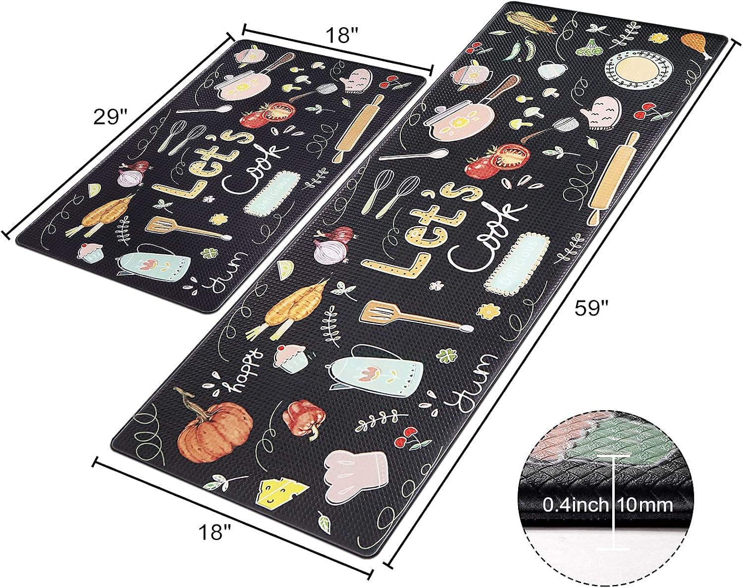 Kitchen Mat Set, 2 Piece Anti Fatigue Kitchen Floor Mat Comfort PVC Leather Standing Cushioned Waterproof Rubber Back Non Slip Kitchen Rugs Indoor Outdoor (18" x 29"+18" x 59", Colorful Tableware)