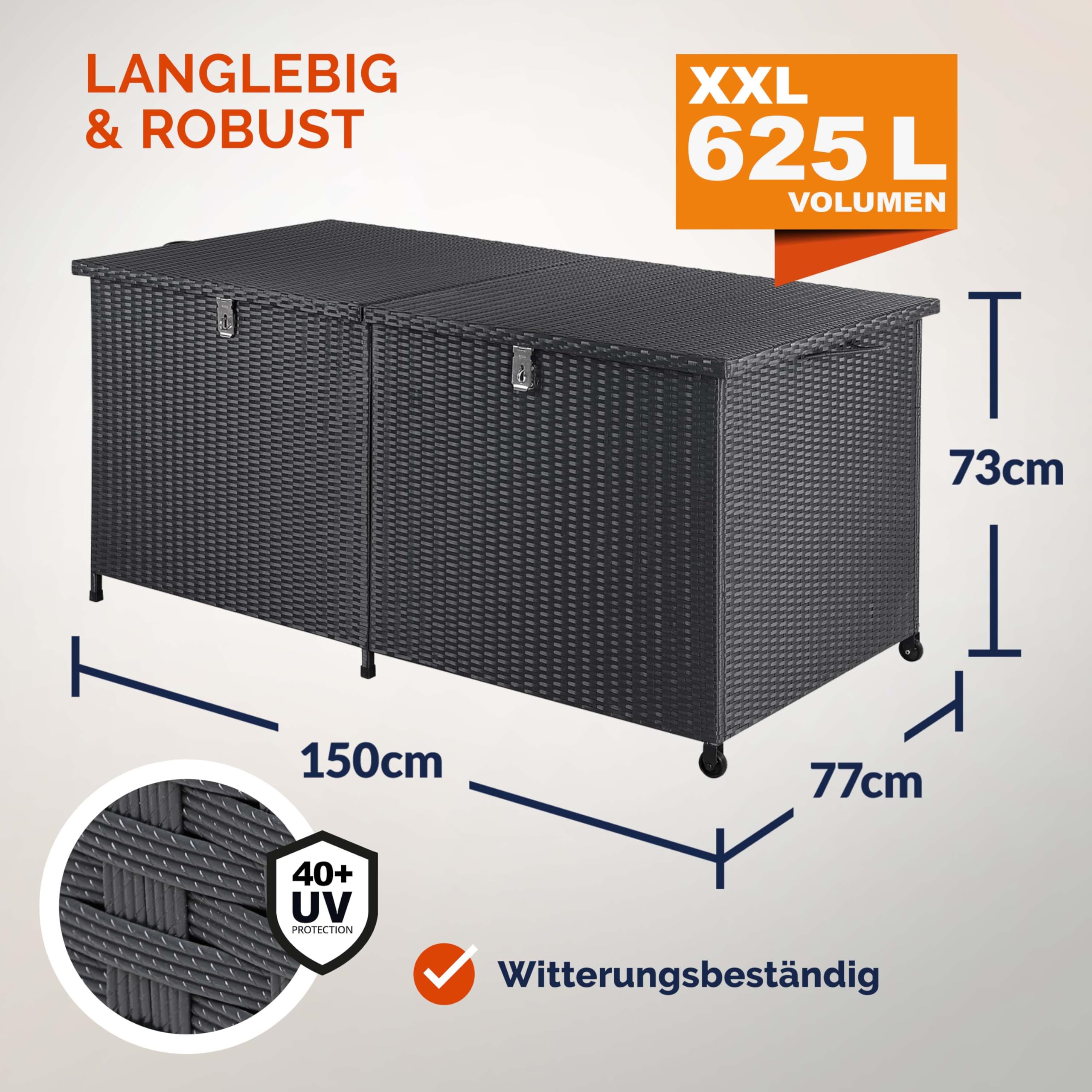 Casaria® Gartenbox XXL Polyrattan Wetterfest 625L UV-beständig Griffe Rollen Gasdruckfeder Garten Wintergarten Auflagenbox Kissenbox 150x77cm Schwarz