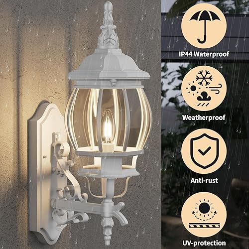 Miniatura 4 de Krychiler Farol de pared blanco para exteriores, aplique de pared exterior para porche, farol de pared exterior, impermeable, luces de pared para