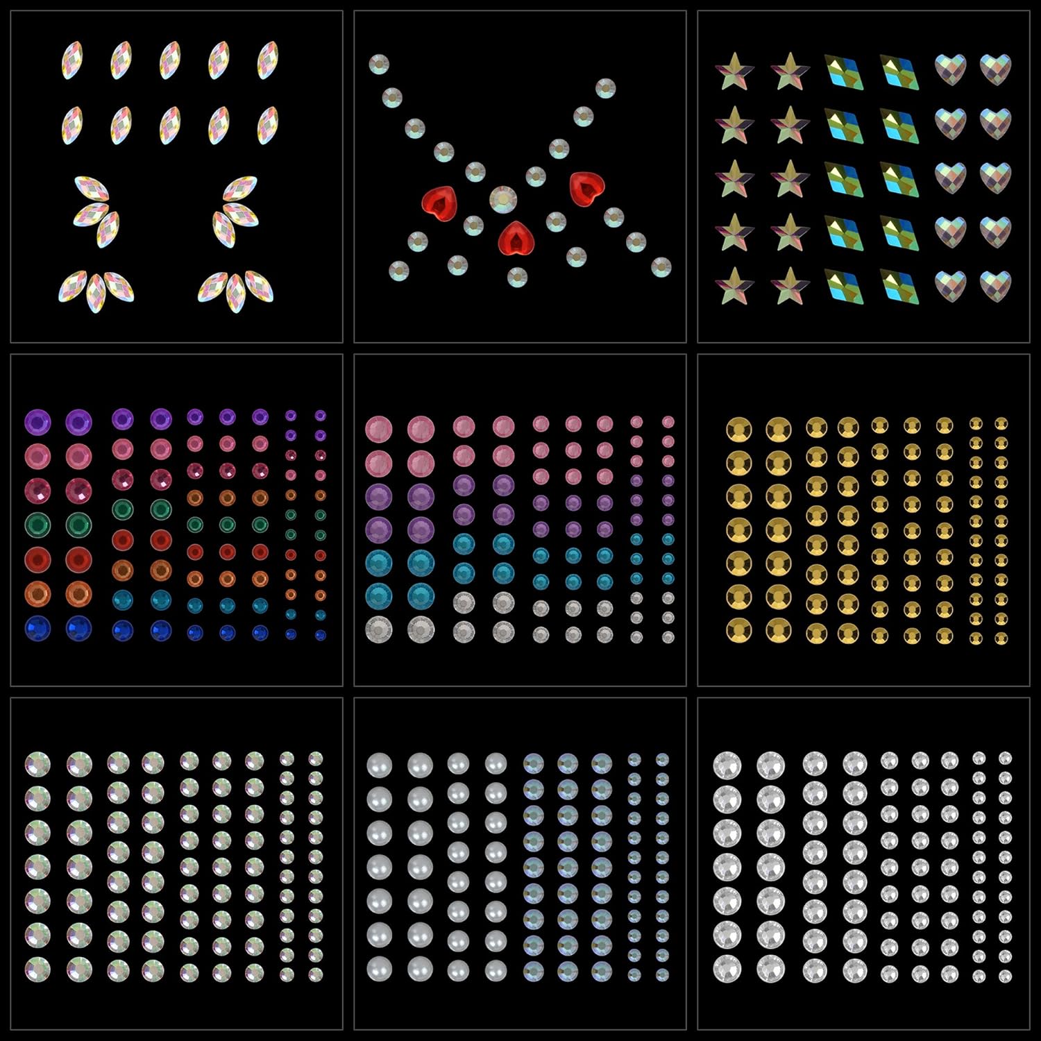 Face Jewels Stickers Gems, 9 Sheets Eye Body Face Gems