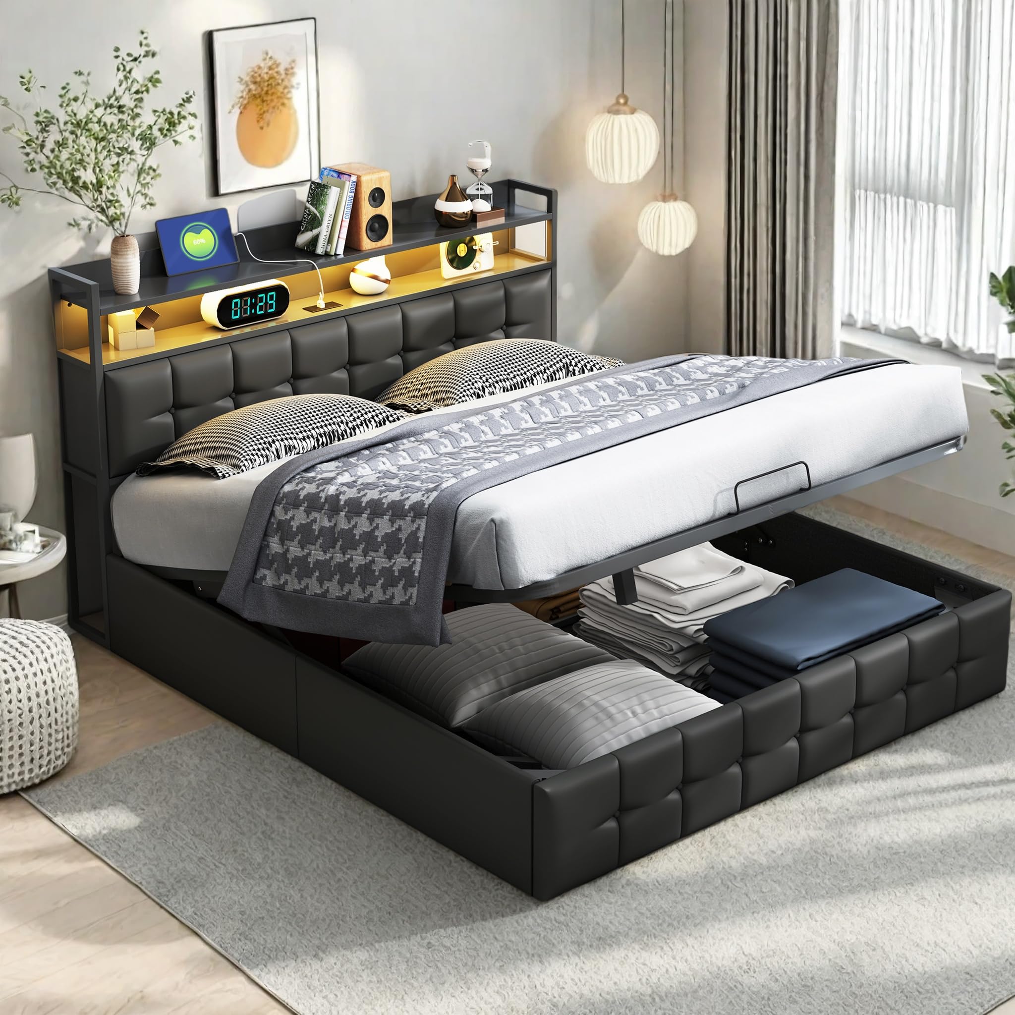 KeepGoon letto matrimoniale con contenitore 160 x 200 cm, letto imbottito con rete a doghe, testiera a LED con funzione USB, letto funzionale, in pelle nera, barra di pressione dell'aria