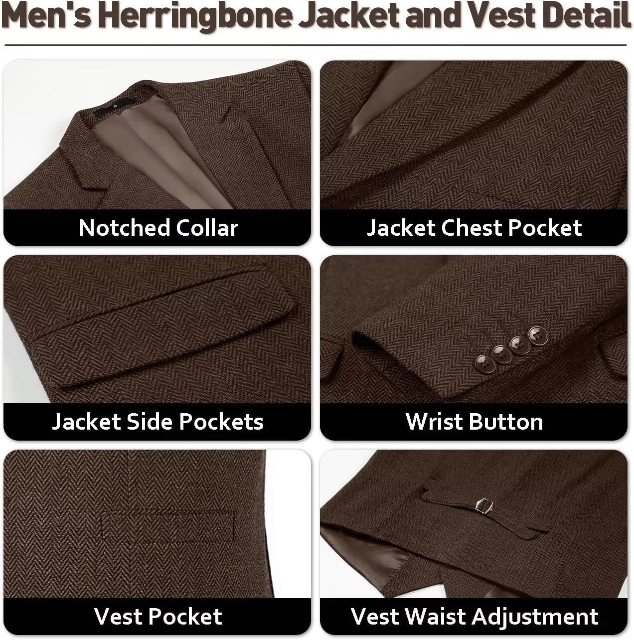 Men's 3 Piece Tweed Suit Retro Herringbone Lapel Blazer Vest Pants Set for Wedding Business