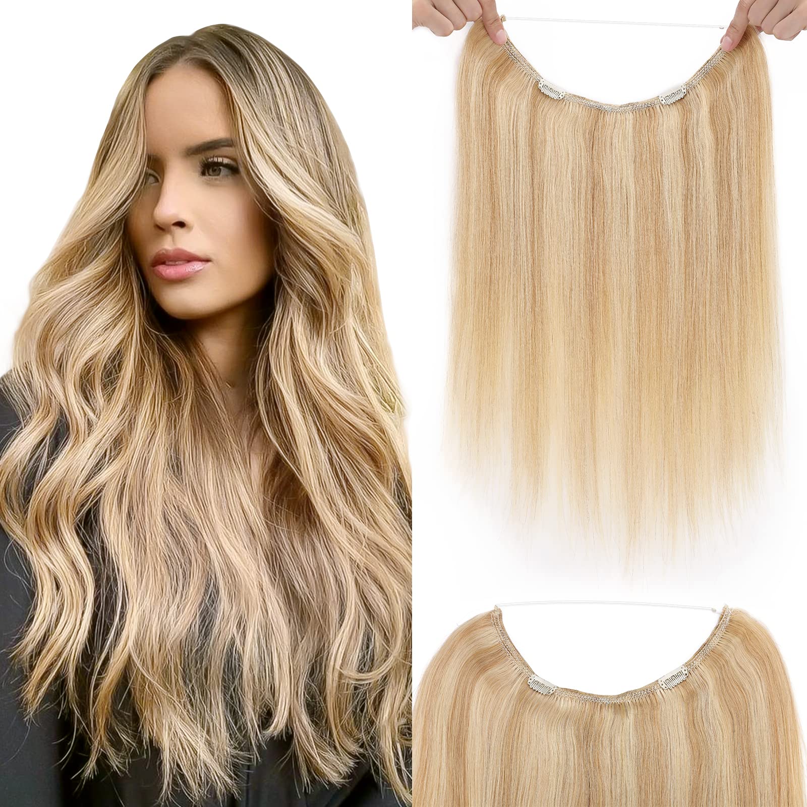 Wire Hair Extensions - 100% Real Human Hair Extensions, Invisible Wire Fish Line Hair Extensions for Women, Straight Real Human Hair Extension 16 inch Layered Hairpiece Camel mixed Bleach Blonde