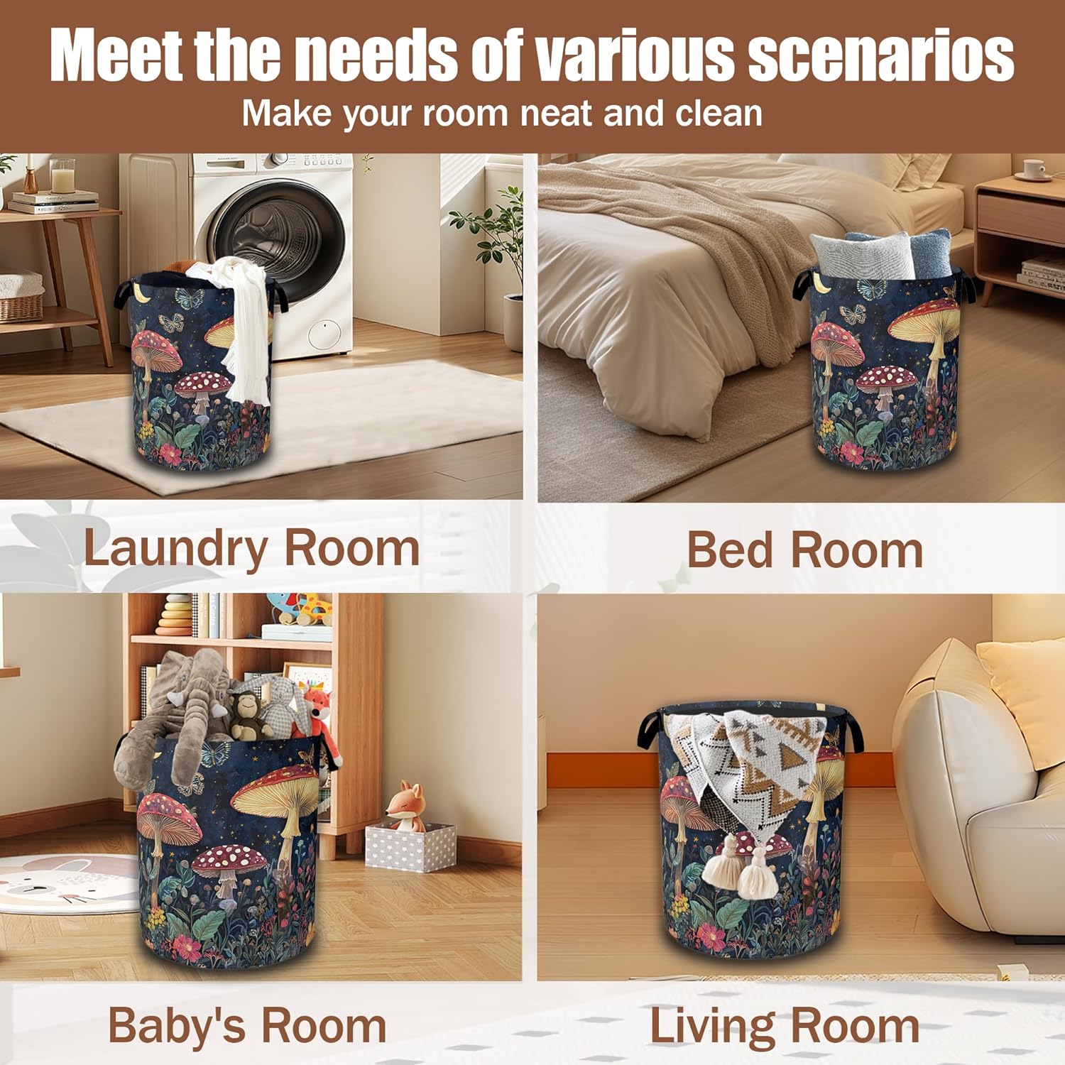 Vintage Mushroom Moon Laundry Hamper,Laundry Baskets,Waterproof Oxford Cloth Toy Storage for Bedroom,Bathroom,Nursery,16x20.8 Inch