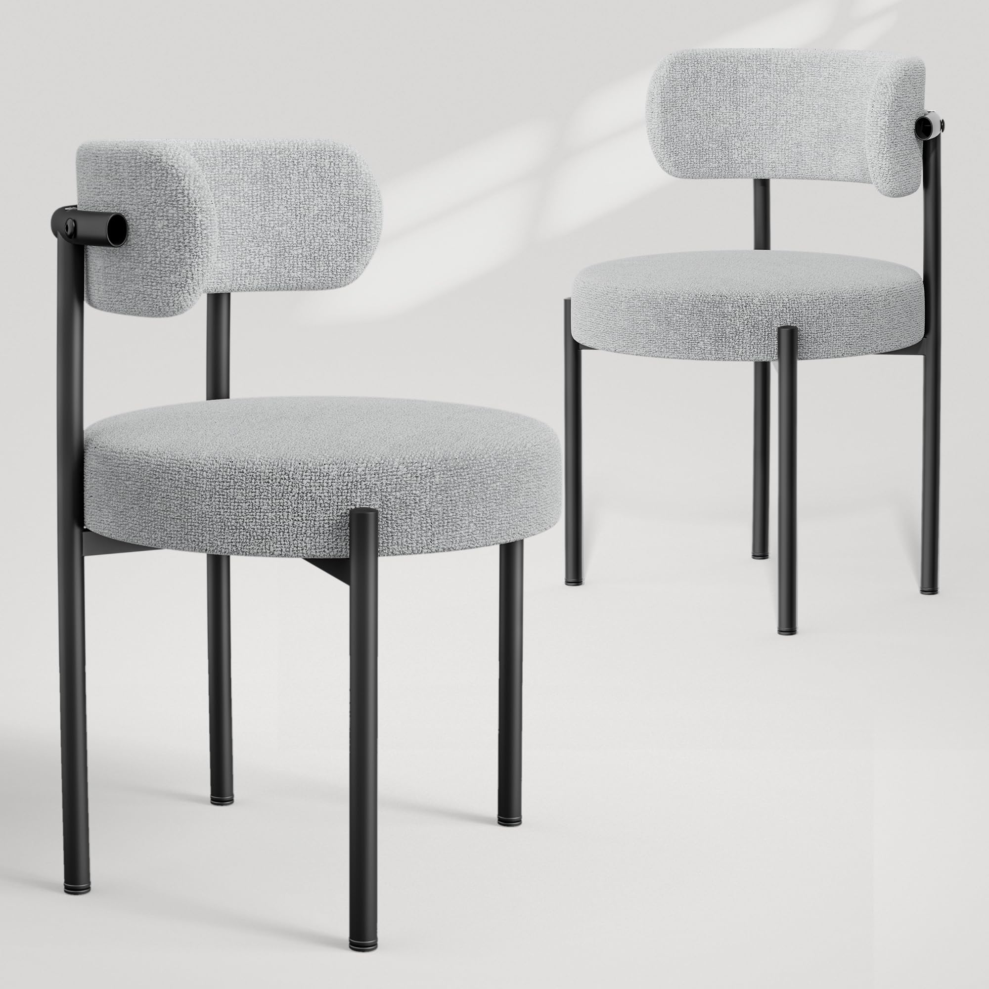 PatioPerk Boucle Dining Chairs Set of 2, Light Gray Mid Century Morden Chair with Curved Backrest, Round Upholstered Sherpa with Metal Legs, Suitable