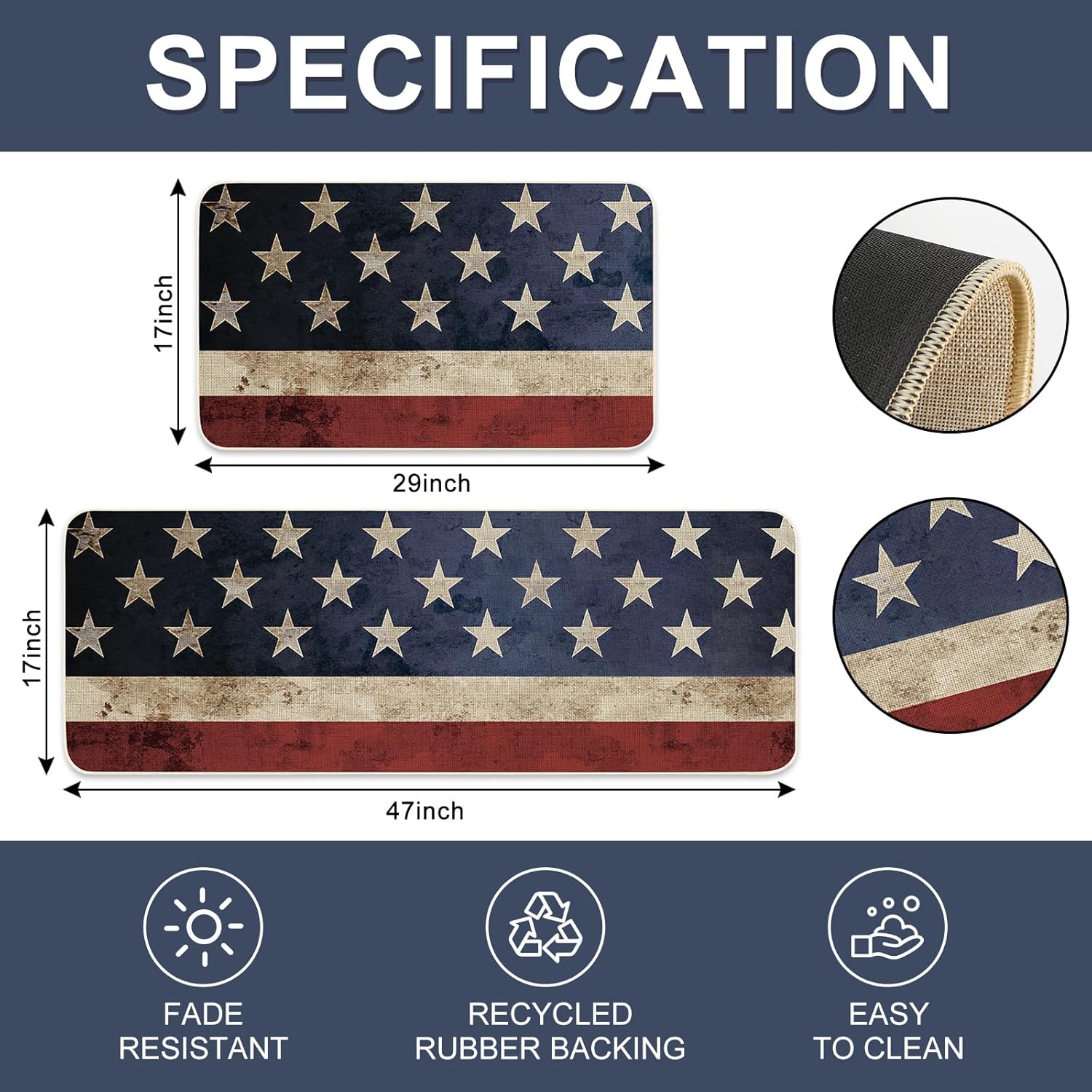 JarThenaAMCS Vintage Patriotic Kitchen Mat Set of 2 Retro American Star Stripe Kitchen Floor Mats 4th of July Non-Slip Door Rugs for Independence Day Home Bathroom Entrance