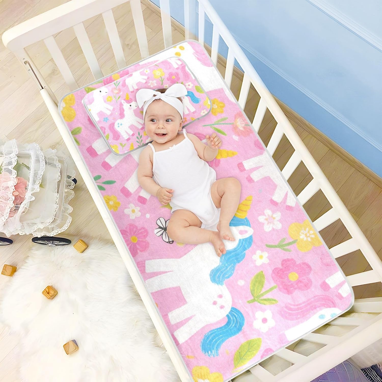 Cute Cartoon White Unicorns Cooling Baby Bed Mattress Cover 28" x 52" Washable Mattress Pads for Baby&Toddler