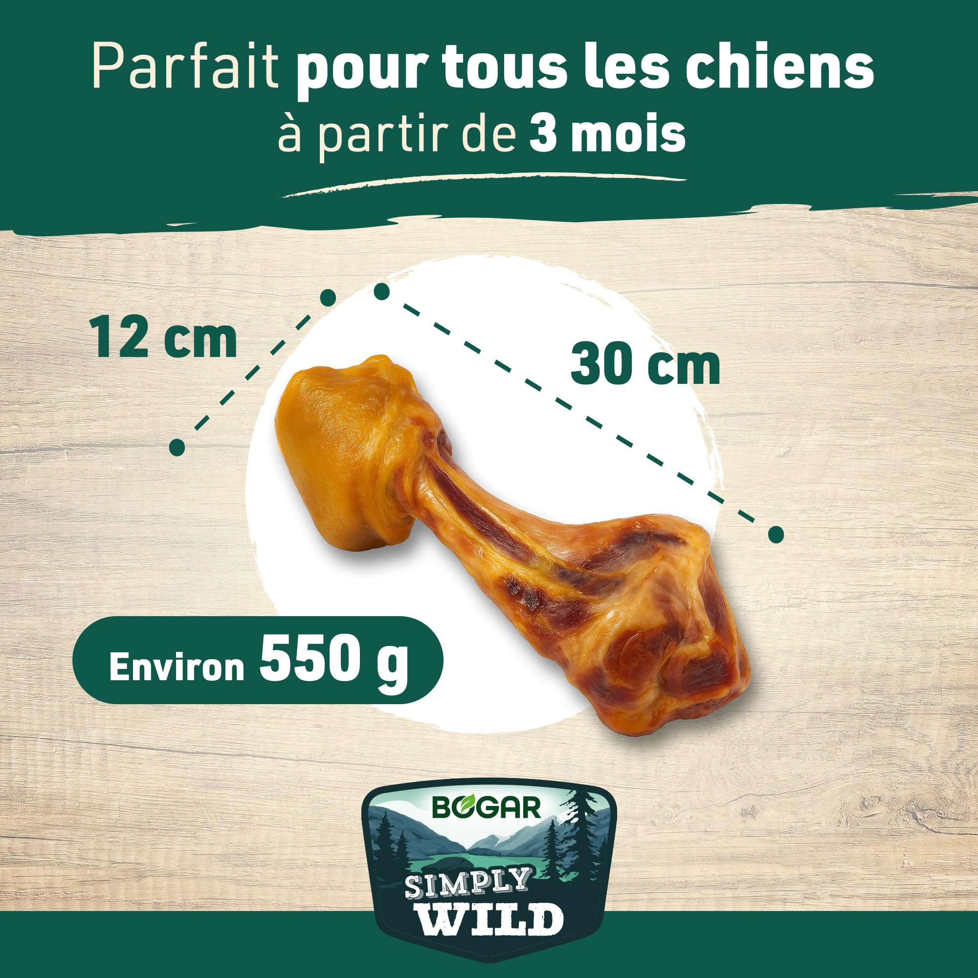 Bogar - Simply Wild - Friandises pour Chien - Nourriture pour Chiens en Complément de l'Alimentation Habituelle - Friandise sous Forme de Méga Os de Jambon - 100% Porc Séché - Aide à la Mastication