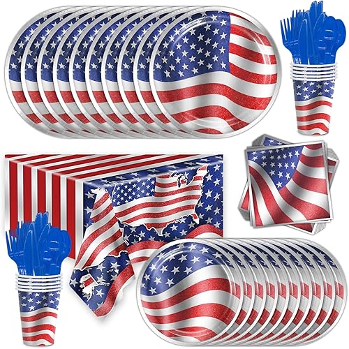 Suministros desechables para fiestas incluye platos de papel del Día de la Independencia, servilletas, vasos de papel, cuchillos, tenedores,