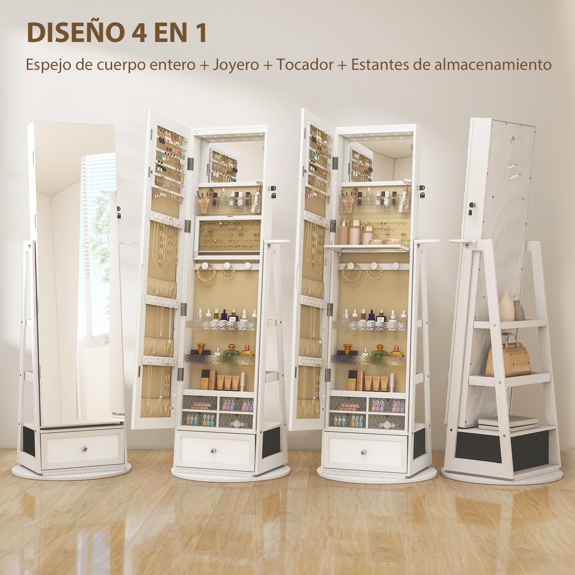 HOMCOM Armario Joyero de Pie con Luces LED, Espejo Cuero Entero, Soporte para Secador, Giratorio 360°, Cajón, Cerradura, Blanco y Beige