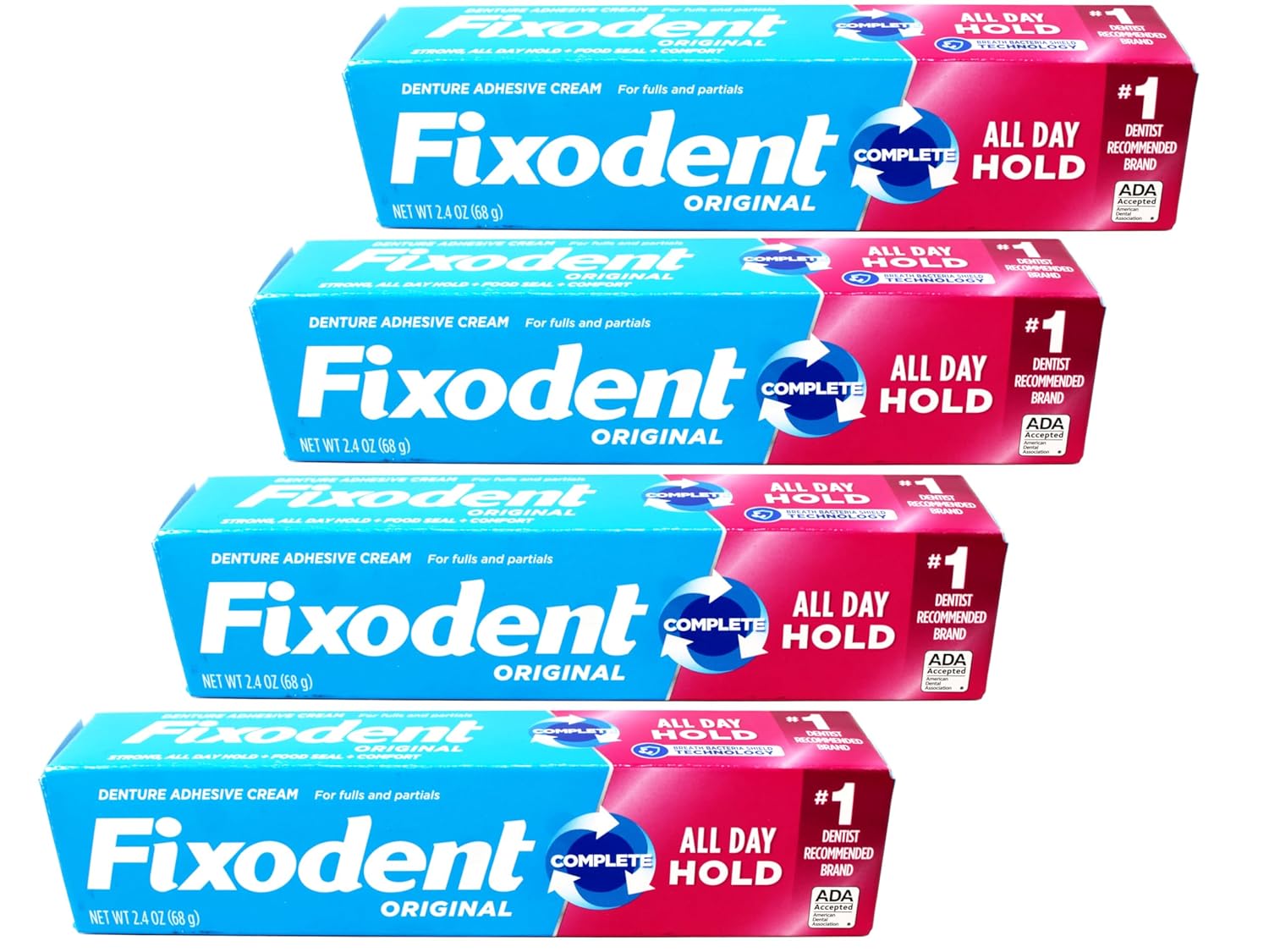 Fixodent Denture Adhesive Cream Original, All Day Hold for Fulls and Partials, 2.4 oz, (Pack of 4)
