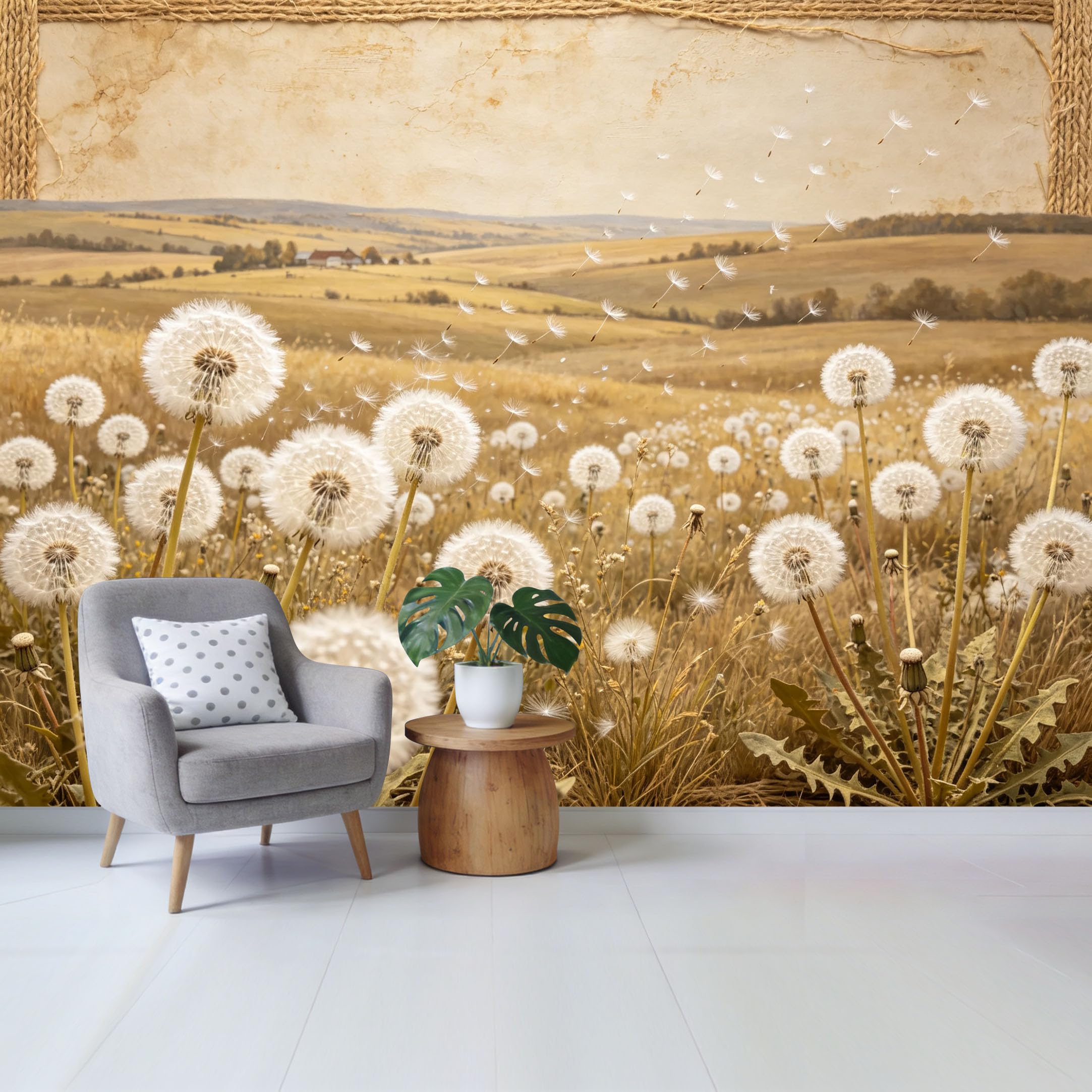 Qzlithotic Yq2605250359 Custom Size Wall Mural Vintage Farmhouse Field Dandelion Seeds Floating Landscape Texture Selfadhesive Wall Fabric Removable Wallpaper For Home Office Decor
