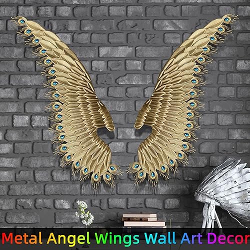 Miniatura 3 de Arte de pared de metal con alas de ángel LED, decoración de plumas de pavo real 3D, esculturas de alas brillantes para sala de estar y dormitorio,