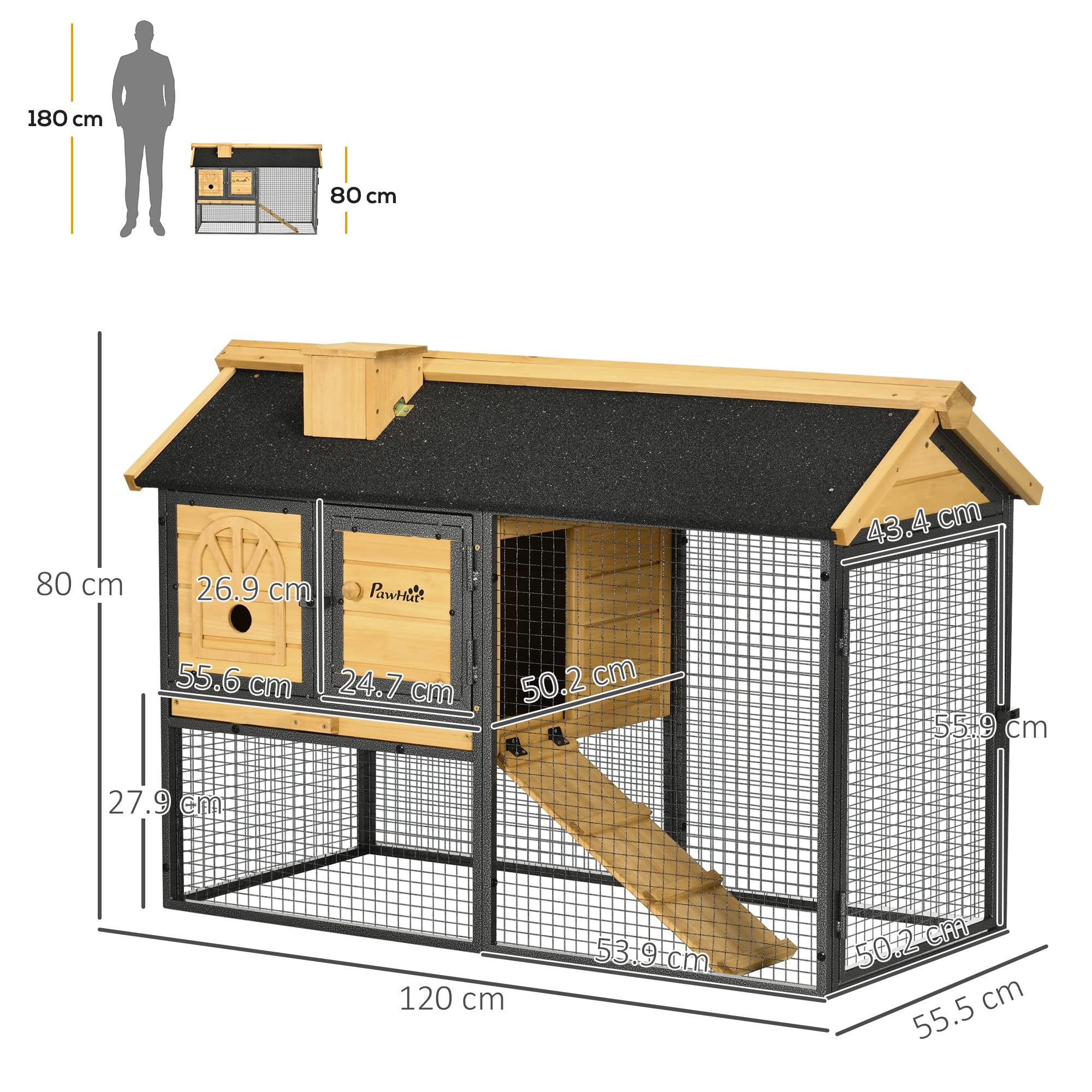PawHut Conigliera Legno di Abete 2 Livelli 120x55.5x80 cm Gialla e Nera | Acciaio, Gabbia per Conigli, Vassoio Rimovibile, Area di Corsa