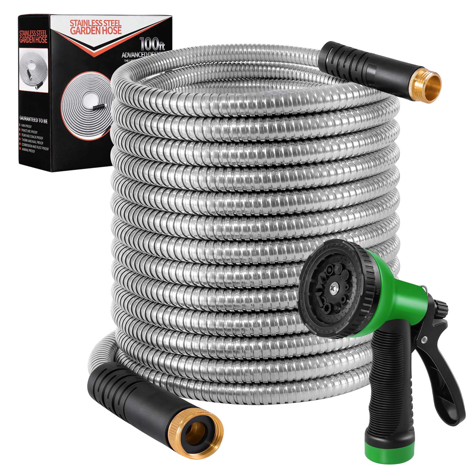 100FT Steel Garden Hose, 201 Stainless Steel Garden Hose, Heavy Duty Water Hoses, Wear Resistant, Flexible, Kink Free, with Solid Brass Fittings and 10 Function Nozzle for Yard and Outdoor Use