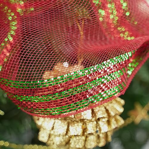 Miniatura 5 de HUIHUANG Malla decorativa verde y roja con rayas en el borde, cinta de malla grande de Navidad para árboles, suministros de fabricación de coronas,