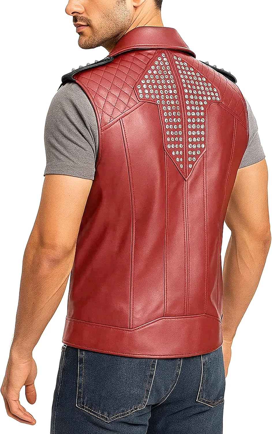 LP-FACON Mens Spikes Studded Rock Punk Red Leather Vest Motorcycle Brando Biker Leather Jacket Real/Faux