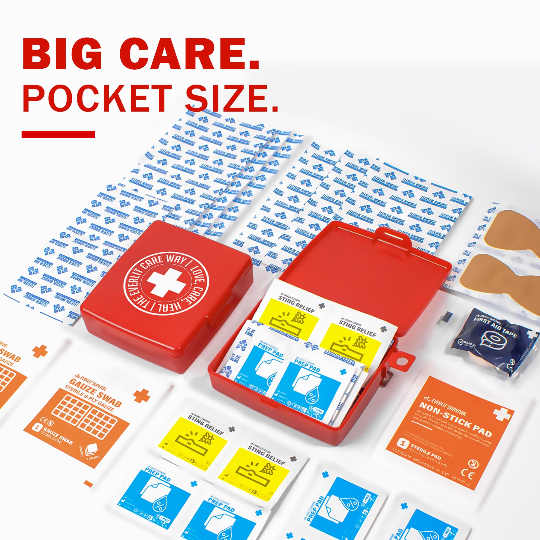 EVERLIT - Kit de ayuda de bolsillo | Fundas rígidas para viajes con 50 artículos para cortes, rasguños, quemaduras y cuidado de heridas | Paquete de 3 mini botiquines de primeros auxilios para viajes