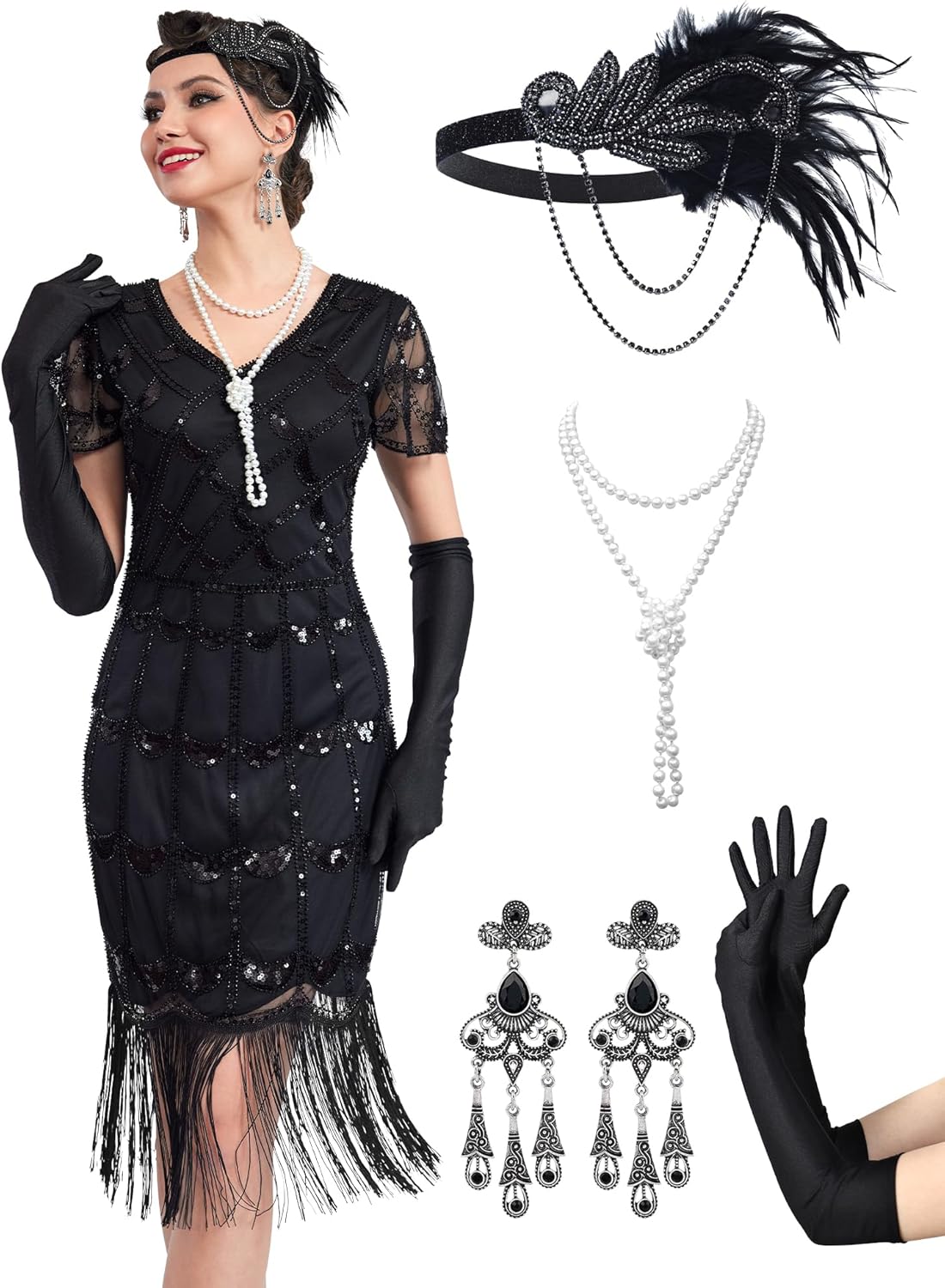 1920S Dresses for Women, Fringed Sequin Dresses Set, Roaring 20s Costumes with 20s Accessories for Harlem Nights