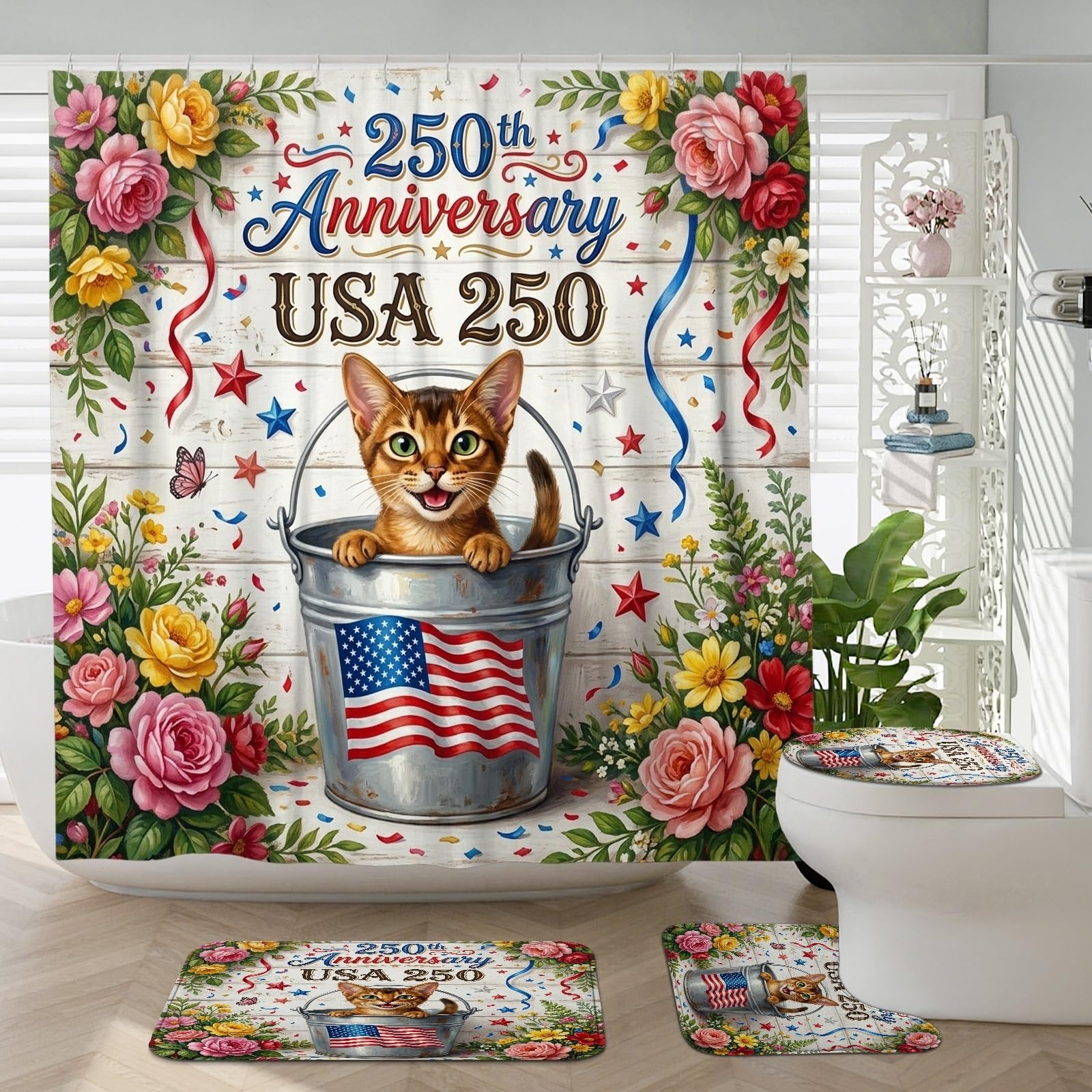 Lot de 4 rideaux de douche en bois du 4 Juillet avec tapis WC et rideau de bain 183 cm
