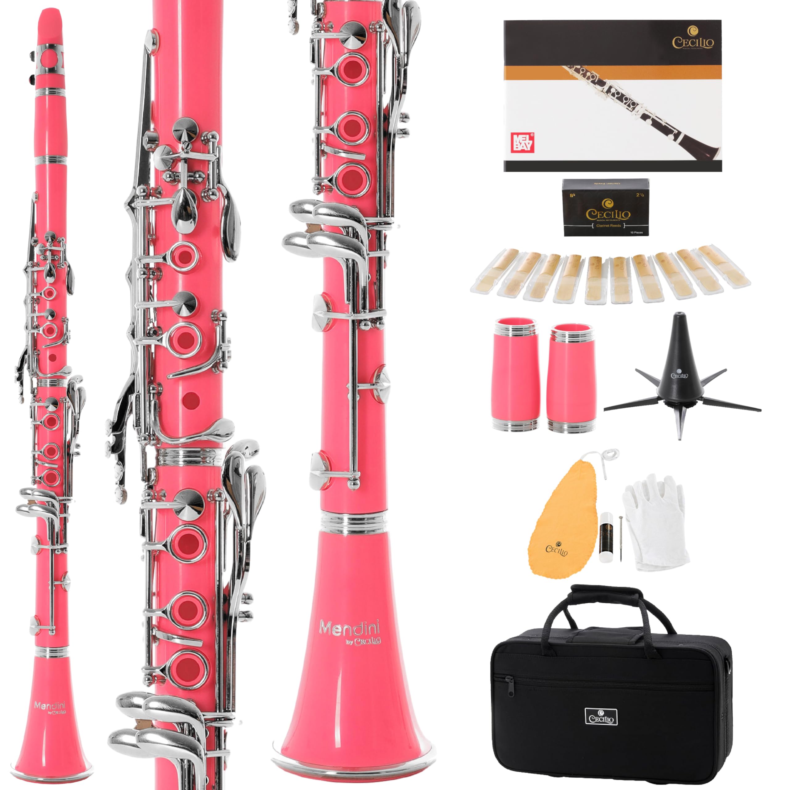 Mendini by Cecilio B Flat Beginner Clarinet with 2 Barrels, Case, Stand, Book, 10 Reeds, and Mouthpiece - Bb Student Clarinet Set, Wind & Woodwind Musical Instruments, Pink