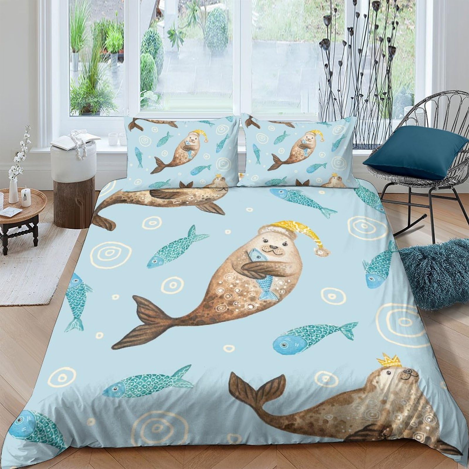 GPLZQXKJNH 3D Printed Cute Walrus Duvet Cover Microfiber Soft Breathable Ocean Fish Bedding Set with 2 Pillowcases for Bedroom Decor Single（135x200cm）