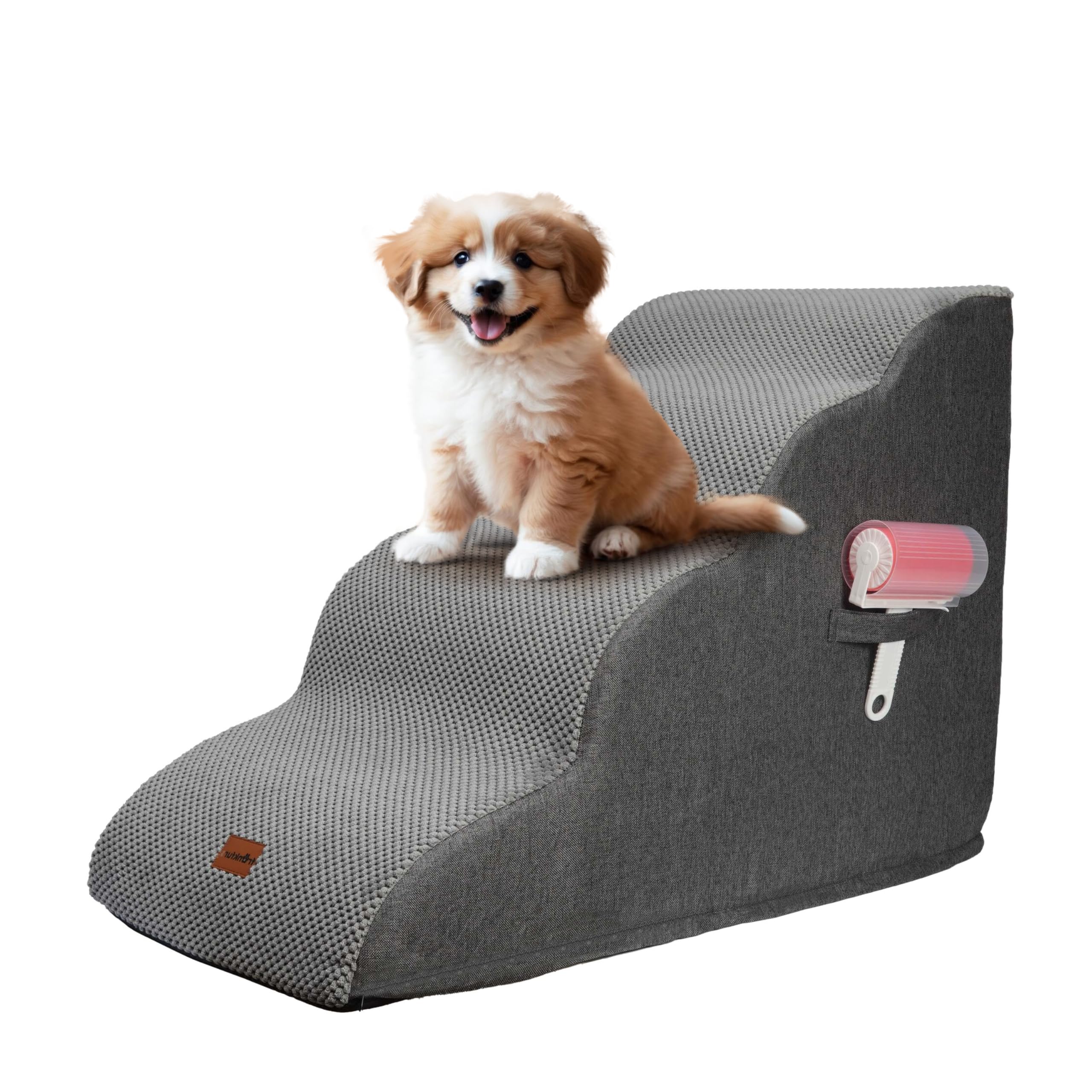 (similar)Dog Stairs for Small Dogs and Cats with Extra Non-Slip Cover, Lint Roller & Grooming Brush – Sturdy 4-Step Stairs for Dogs to Get on Bed, Stable Indoor Puppy Dog Steps for High Bed