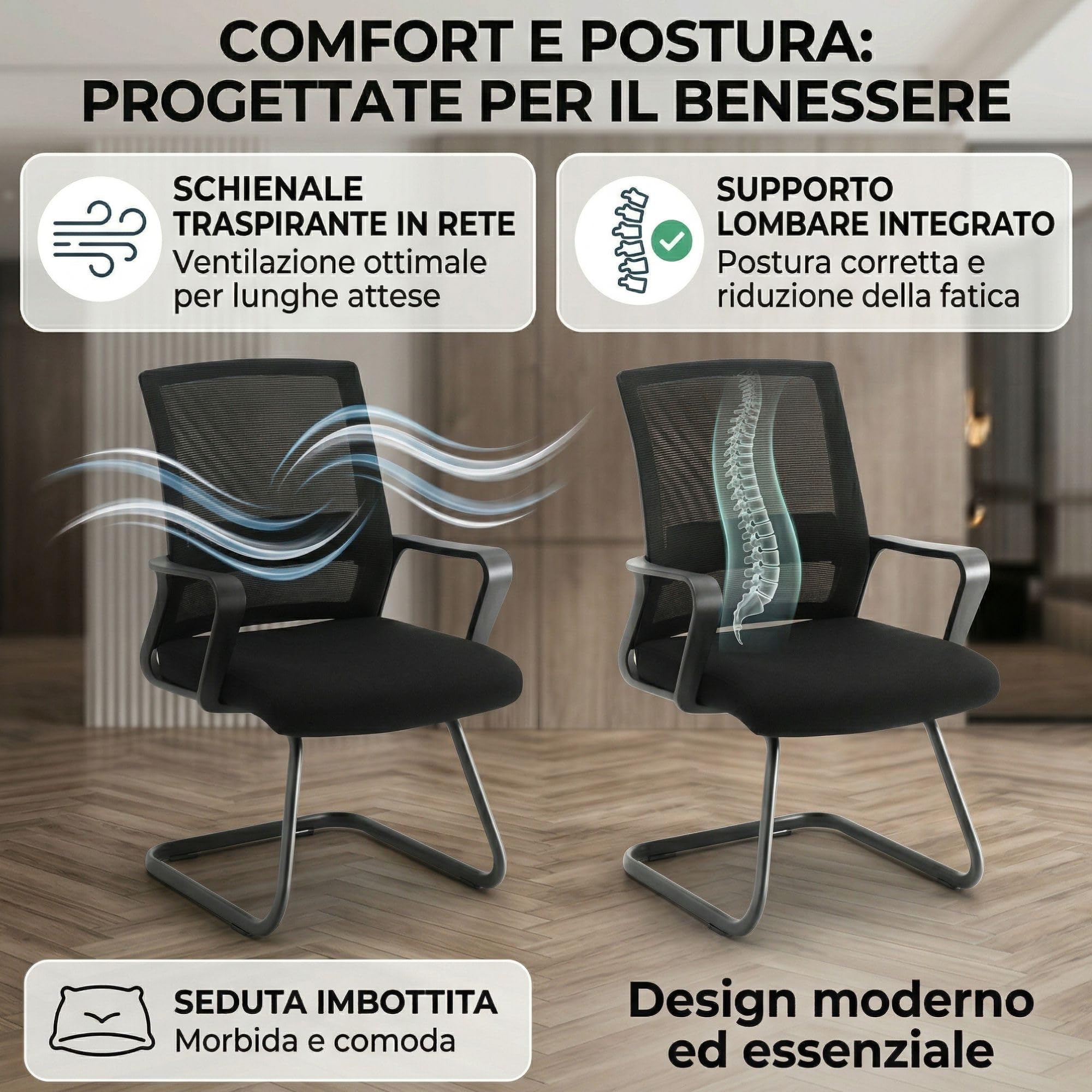 ZIK - Coppia Sedie Sala d'Attesa, Sedie con Braccioli, Comode e Traspiranti per Accogliere Ospiti e Clienti, per Sale Riunioni, Sedia Imbottita Senza Ruote, Poltroncine Sala d'Attesa per Ufficio