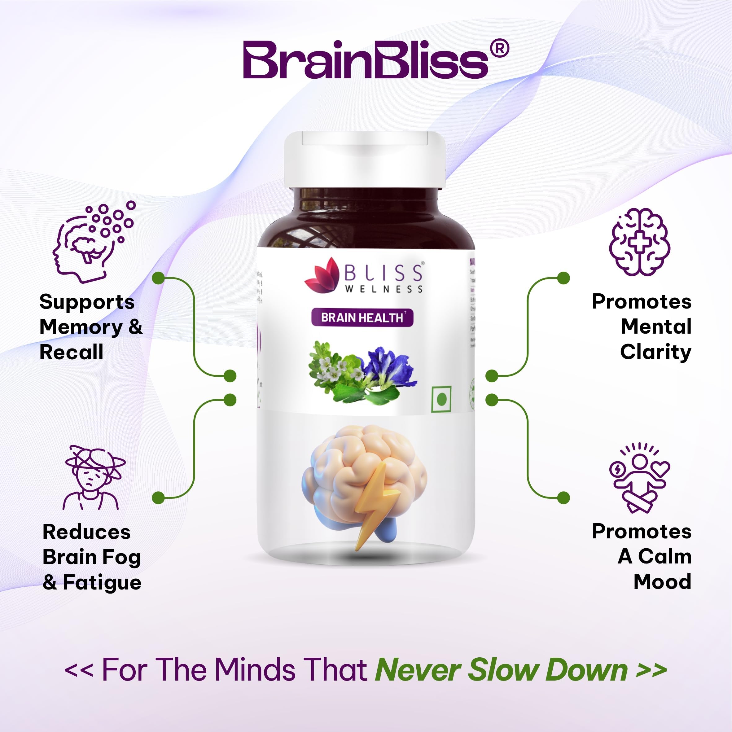 Bliss Welness Brain Booster | Memory, Focus & Concentration Support | Nootropic Supplement for Anxiety Relief & Calmness, Mood Support | Brahmi, Shankpushpi, Ginkgo Biloba & Piperine (3 Month Pack (180 Tablets)) — Amazon image 2