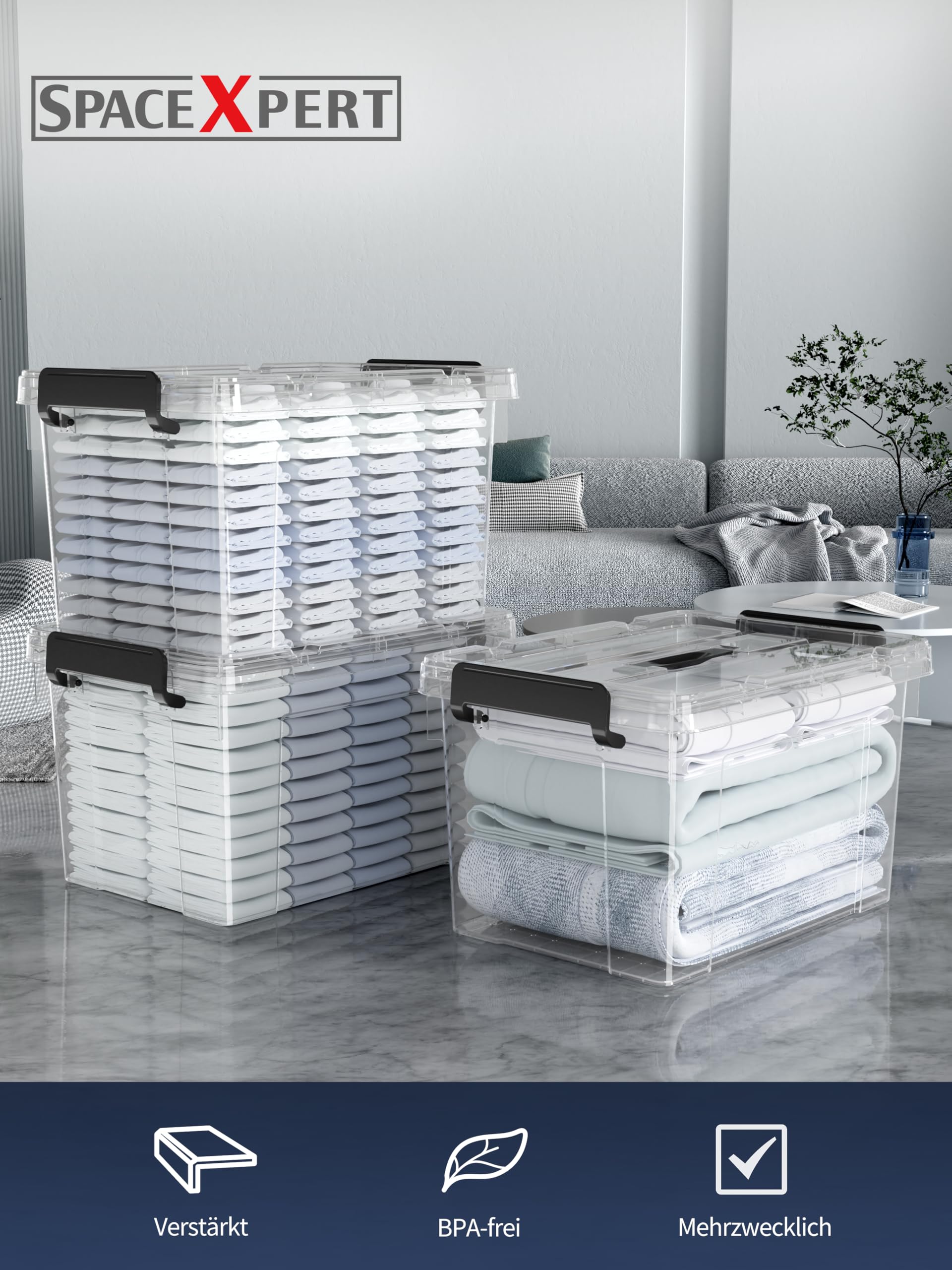 SpaceXpert Opbergdozen, opbergdozen, draagbare kunststof dozen met handvat, stapelbare organisatiedozen voor slaapkamer, kantoor, school, transparant zwart, 15 l ( set van 4