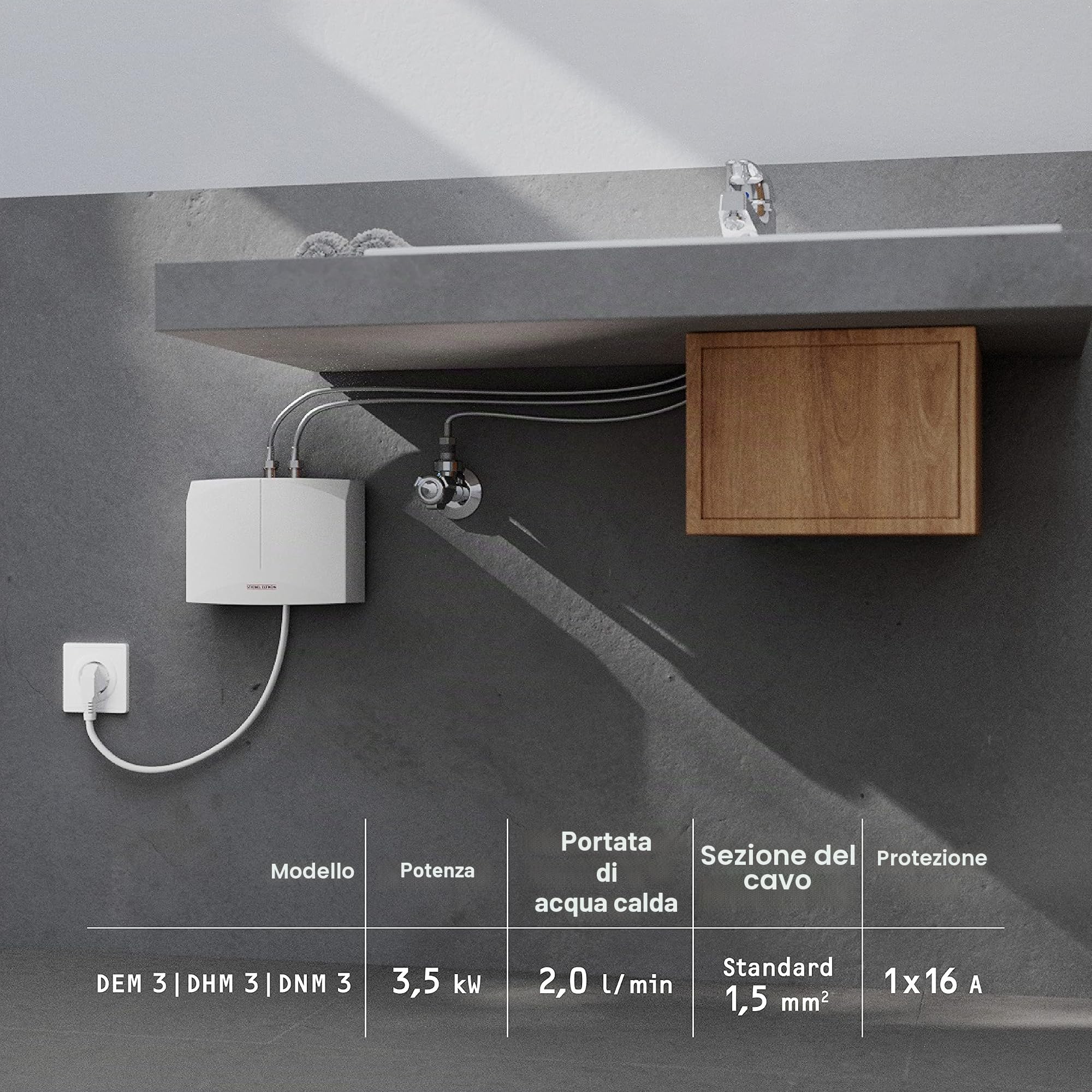 STIEBEL ELTRON Mini scaldabagno idraulico DNM 3 solo per lavabo, 3,5 kW, con spina, senza pressione, certificato VDE 185411